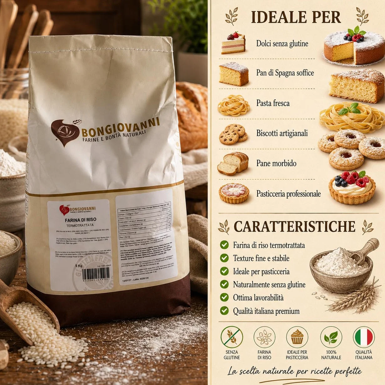 Bongiovanni Bontà Naturali Farine de Riz Traitée Thermiquement Sans Gluten Saveur Naturelle en Poudre 5 kg