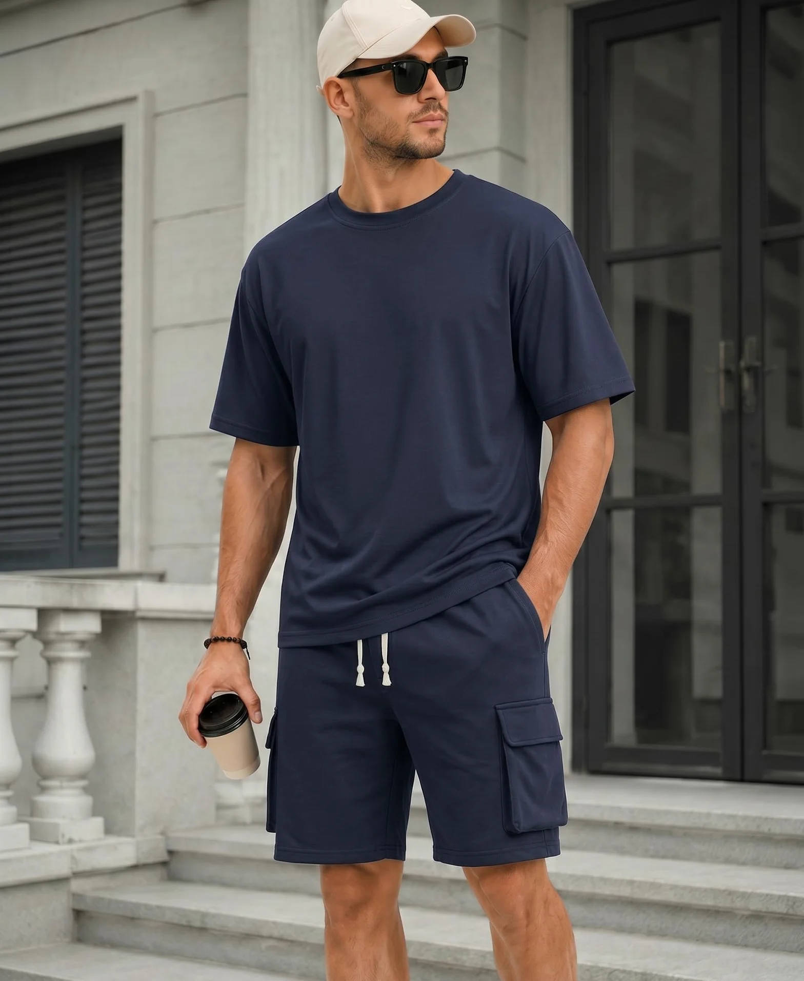 Survêtement Homme 2 Pièces Ensemble T-shirt et Short Cargo avec Poches