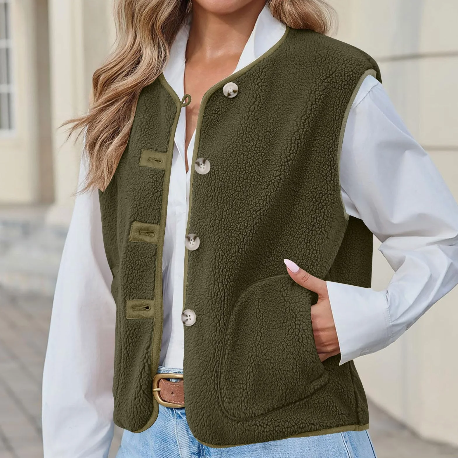 Gilet Polaire sans Manches Femme Molleton Doux Coupe Classique Sherpa Waistcoat avec Poches