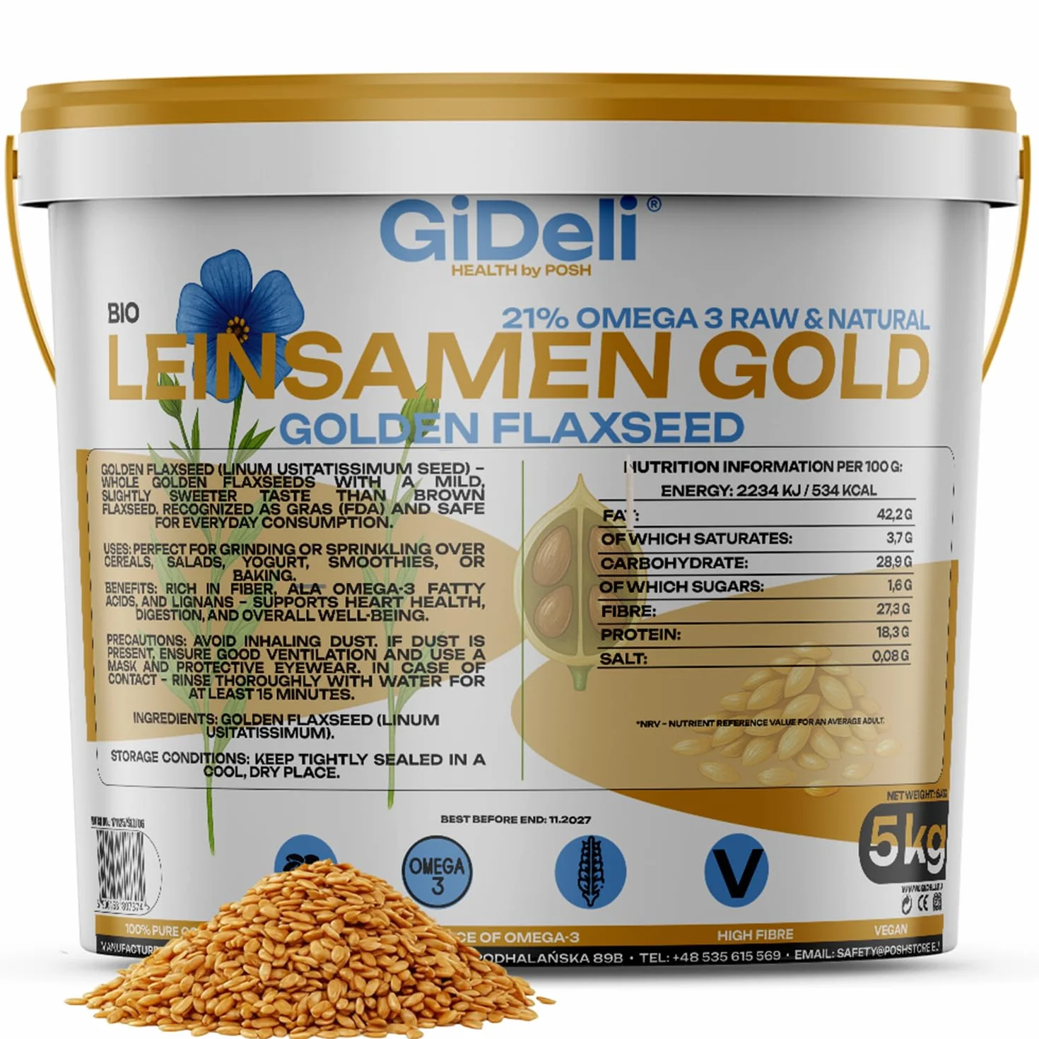 GiDeli Graines de lin dorées 5 kg de graines brutes entières oméga-3 et fibres, idéales pour les smoothies, les céréales, la pâtisserie et les salades (5000 g)