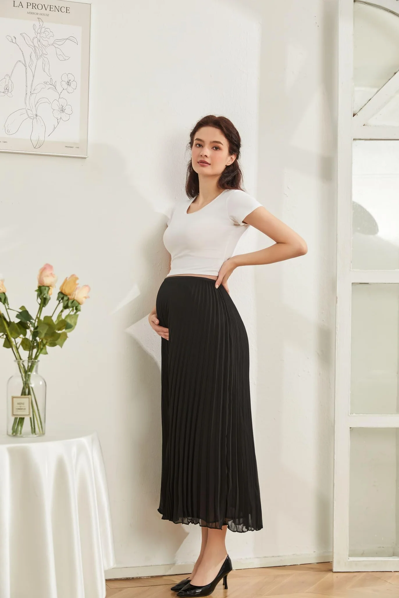 Jupe de Maternité Plissée Taille Haute Femme Grossesse au-Dessus Ventre