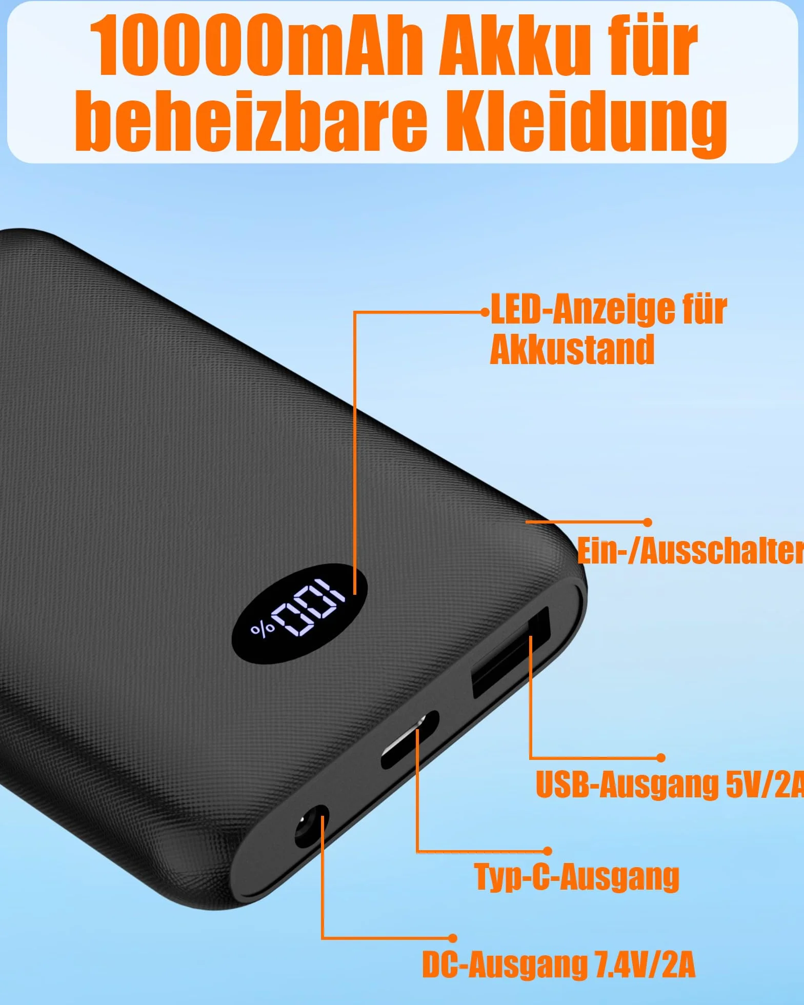Batterie externe 7,4 V 10 000 mAh pour vêtements chauffants rechargeable 5 V 3 A