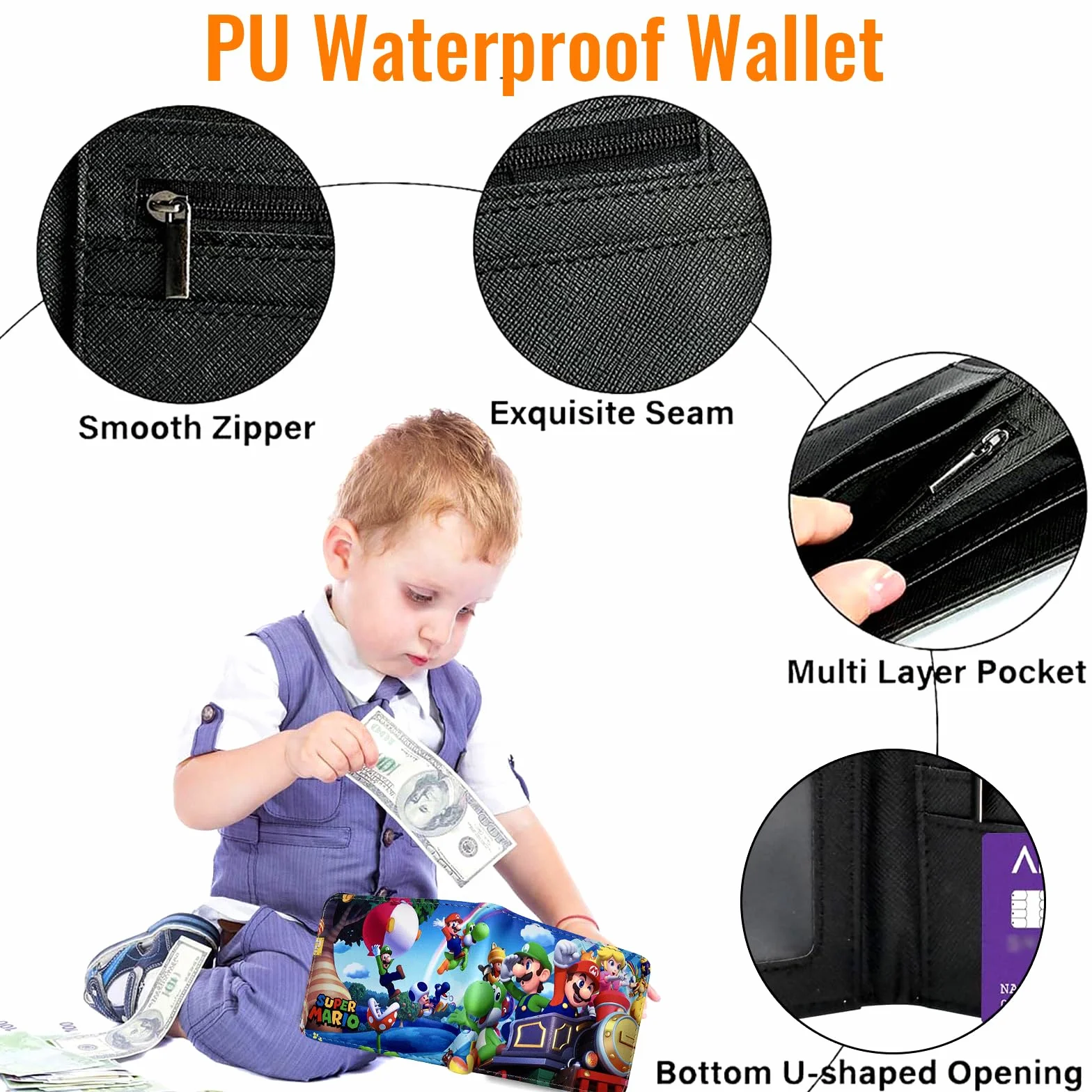 Portefeuille Enfant PU Cuir Bleu pour Adolescents Argent Cartes