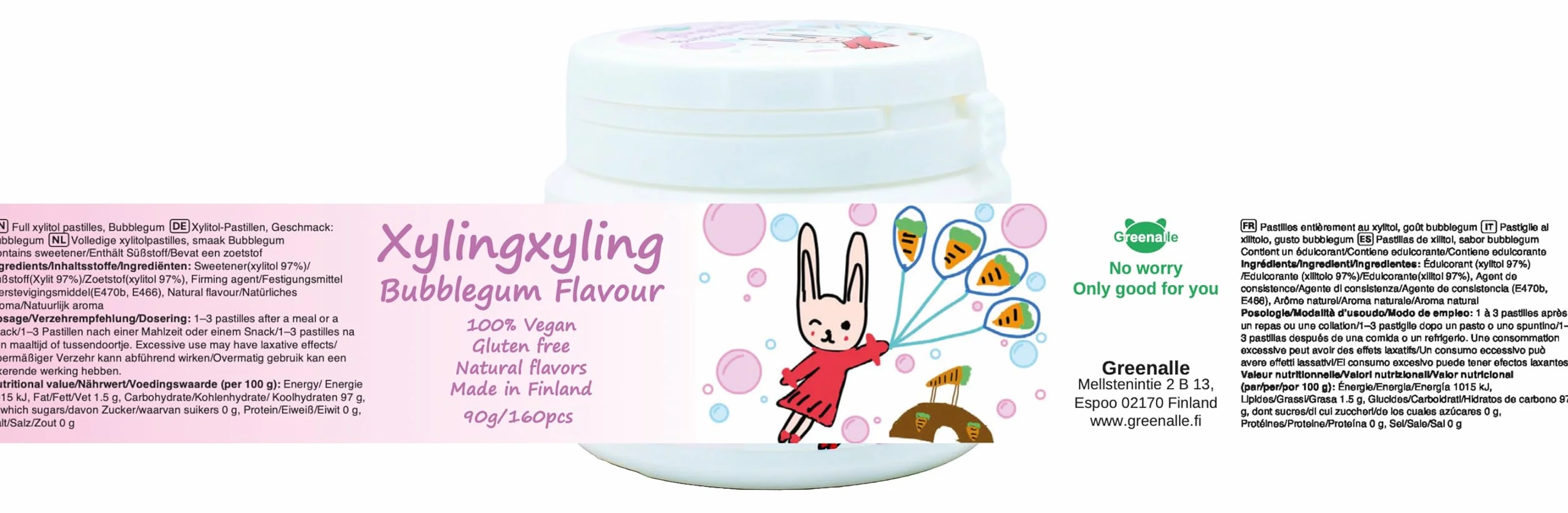 Xylingxyling - Pastille finlandaise au xylitol - 100% végétalienne, sans sucre, sans gluten, arômes naturels, soins dentaires et haleine fraîche, 90 g/160 pièces (goût bubblegum) (4 paquets, 4, unité)