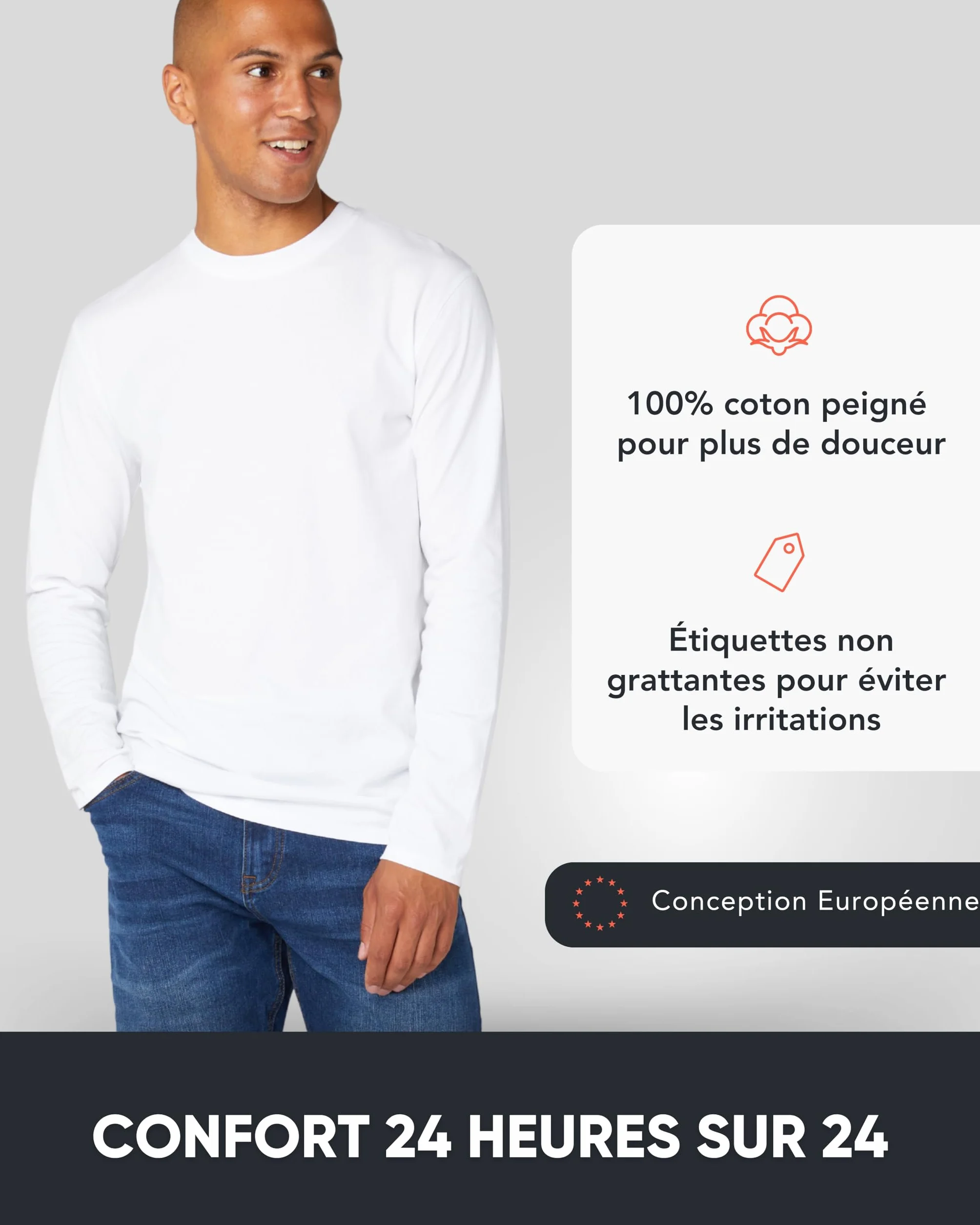 FM London Lot de 3 T-Shirt à Manche Longue pour Homme en Coton Ultra Doux