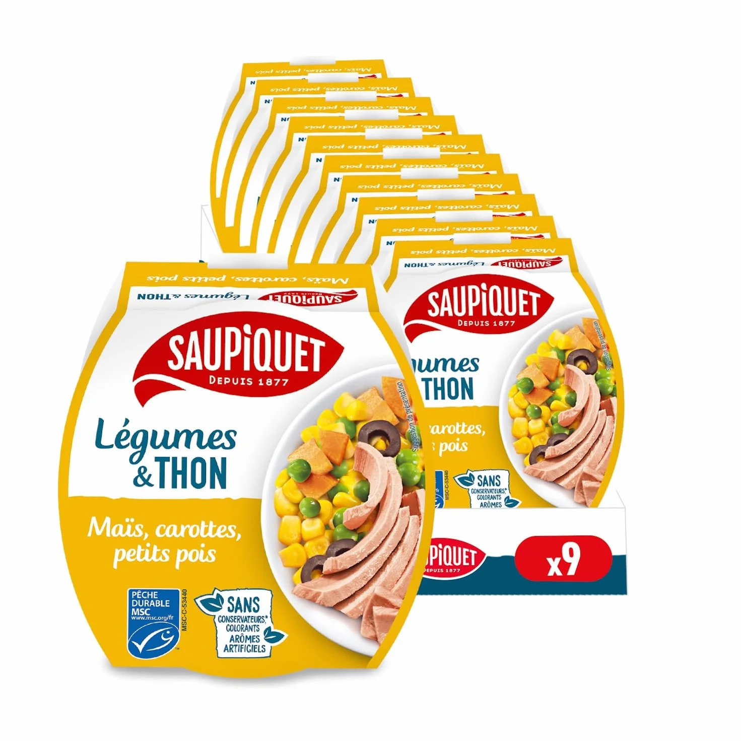 SAUPIQUET - Légumes & Thon - Maïs, Carottes, Petits Pois - Salade Prête à Consommer - Température Ambiante - Idéal Pique-Nique - Poisson Issu Pêche Traçabilité Garantie - 9 Conserves (160 g)
