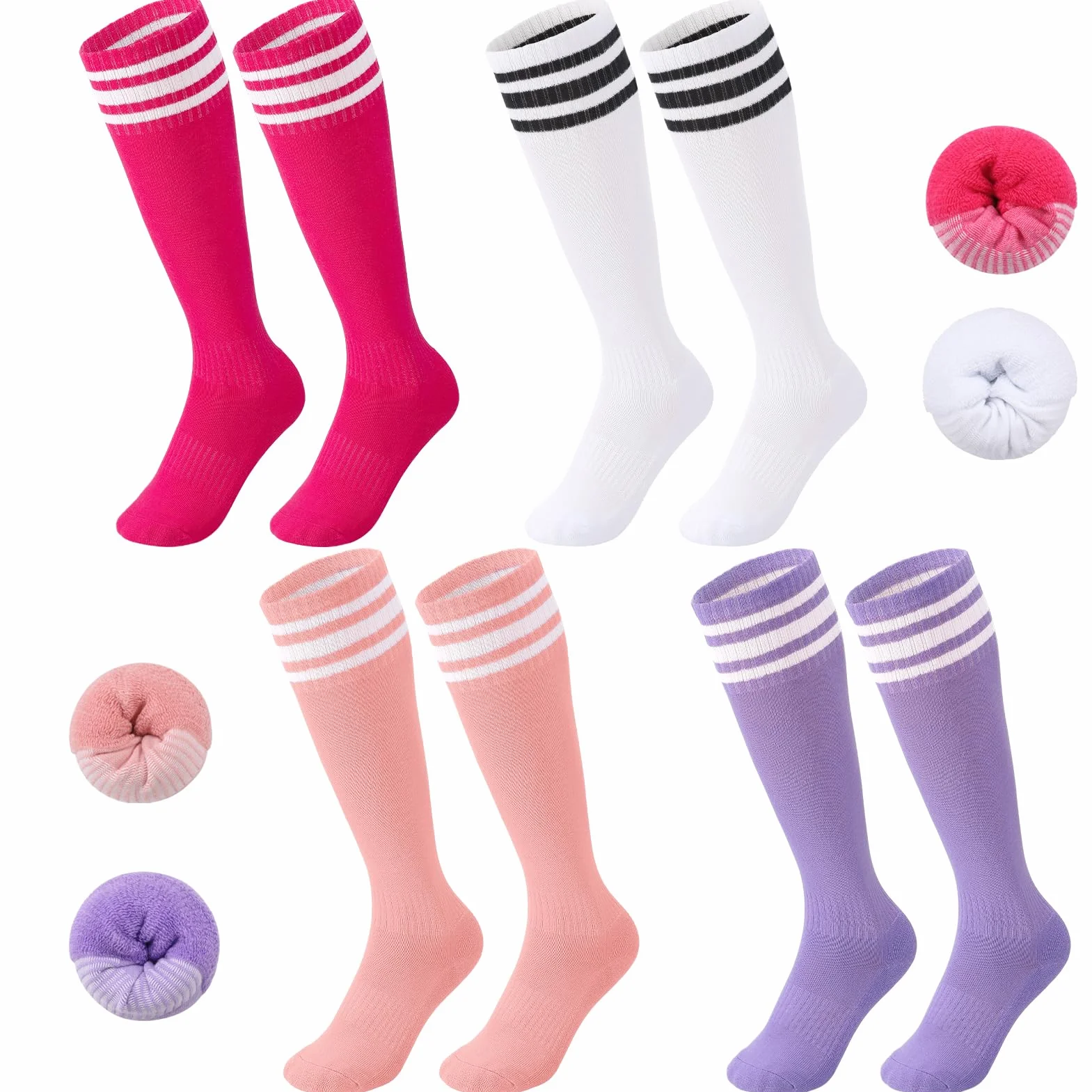 Zuimei Lot de 4 paires chaussettes football respirantes enfants filles garçons 5-12 ans Rose blanc rose rouge violet