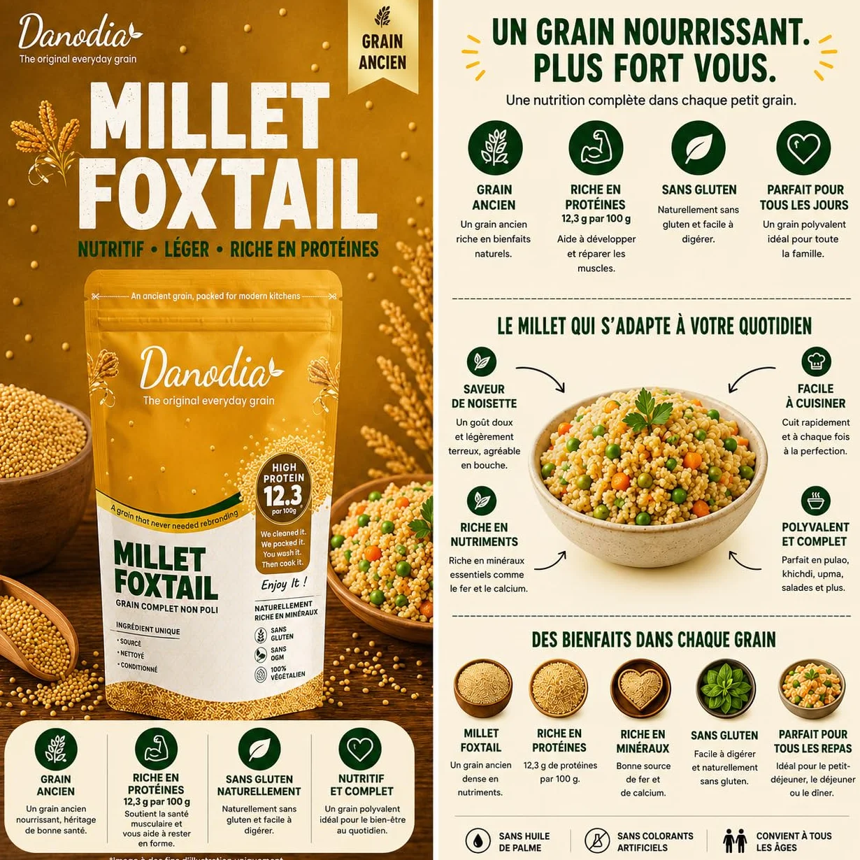 Danodia Foods Millet Queue-de-Renard Entier 950 g / 2 lb | Foxtail Millet décortiqué et non poli | Céréale sans gluten cultivée en Inde | Pour bols, porridge, accompagnements et recettes maison