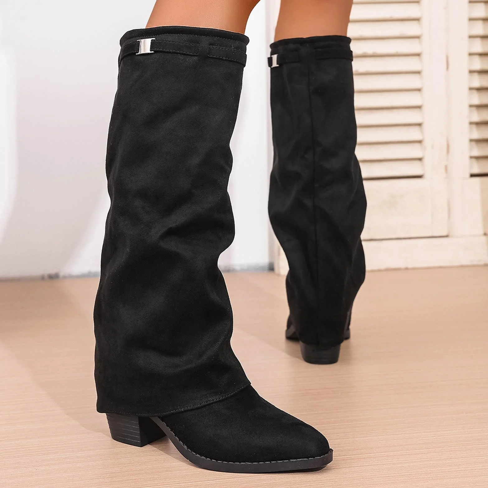 Bottes Cuissardes Mi-Hautes en Suédine pour Femme Bout Pointu Confortable Cuir Mollet Large Hiver