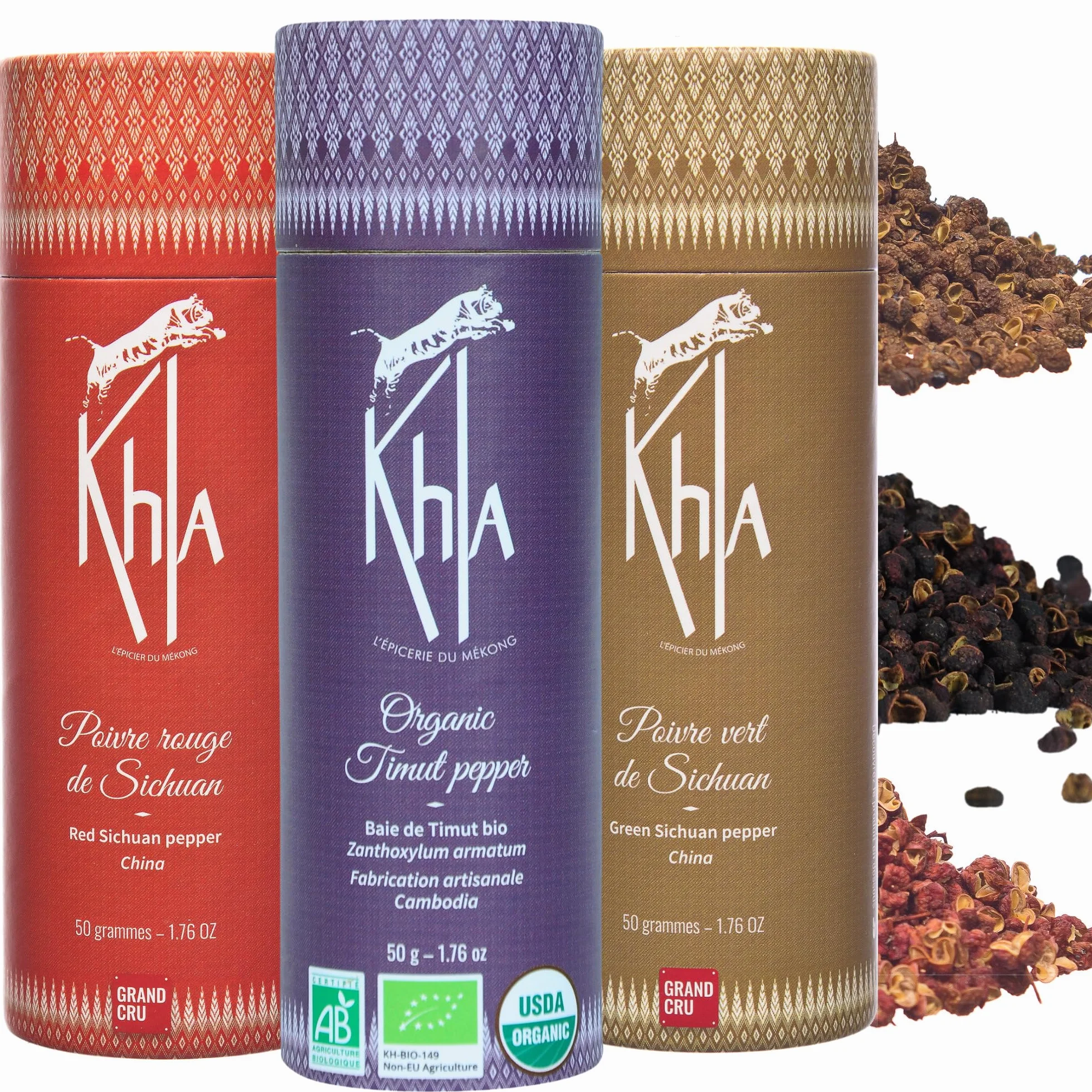 Khla - Coffret Trio de Poivres Rares - Sichuan & Timut - En Grains - Coffret Cadeau Cuisine - Baies Sichuan Rouge Vert - Épices Poivres du Monde - Recharge Moulin - Asie Chine Népal