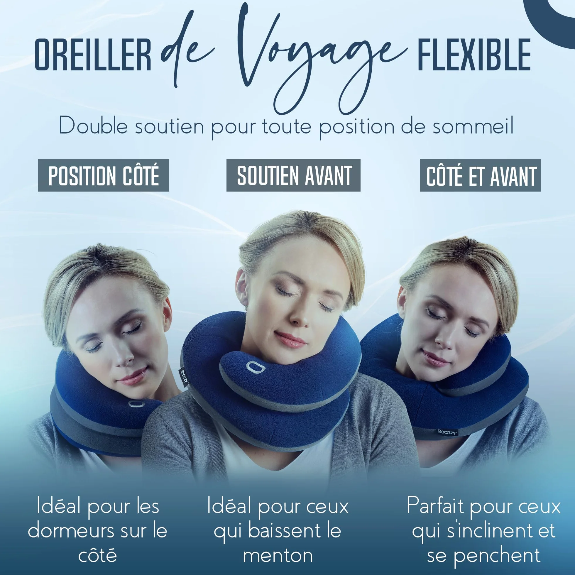 BCOZZY Oreiller Cervical Voyage Double Soutien Tête Cou Menton Lavable Taille Large Bleu Marine