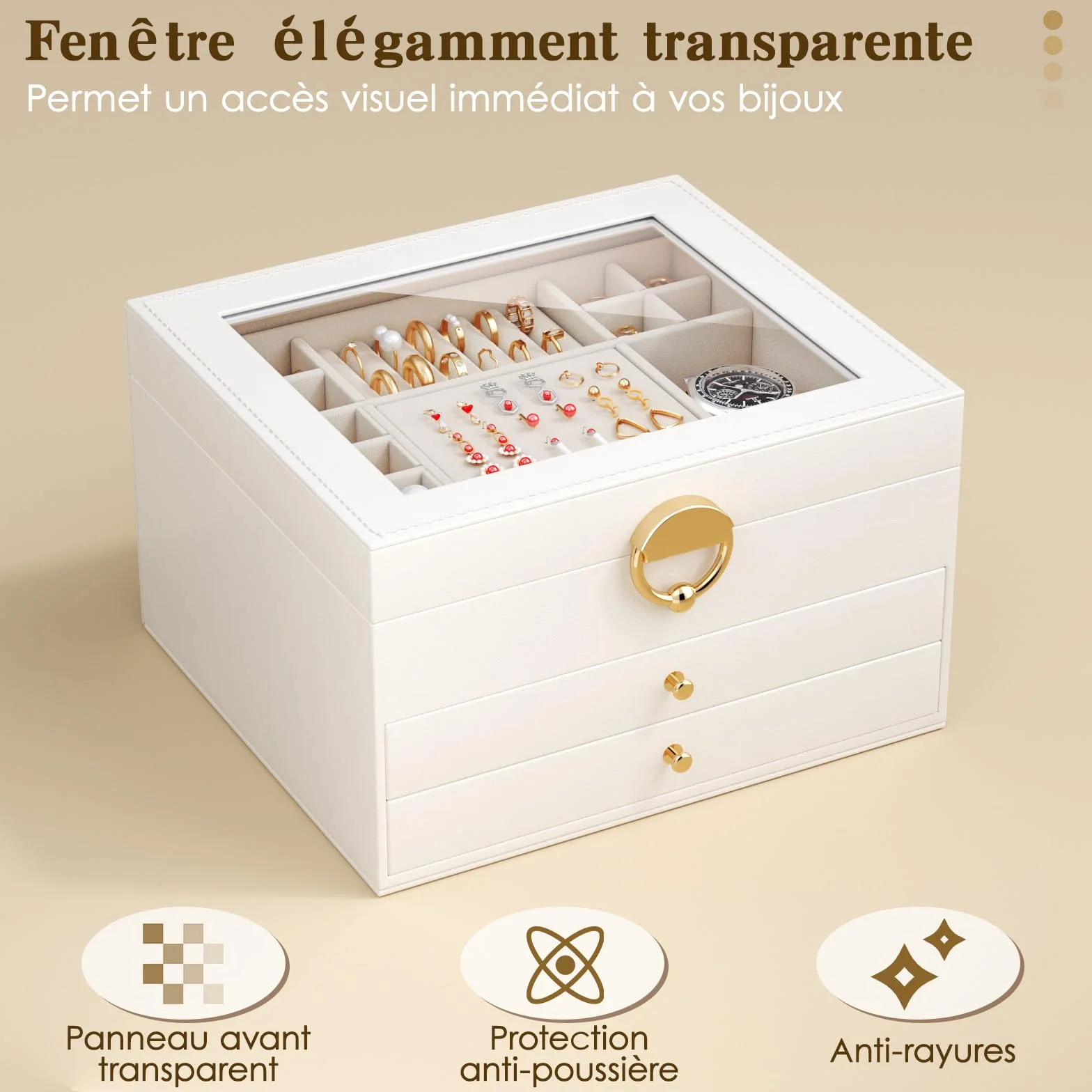 Grande Boîte à Bijoux 3 Niveaux 24 Compartiments Couvercle Transparent