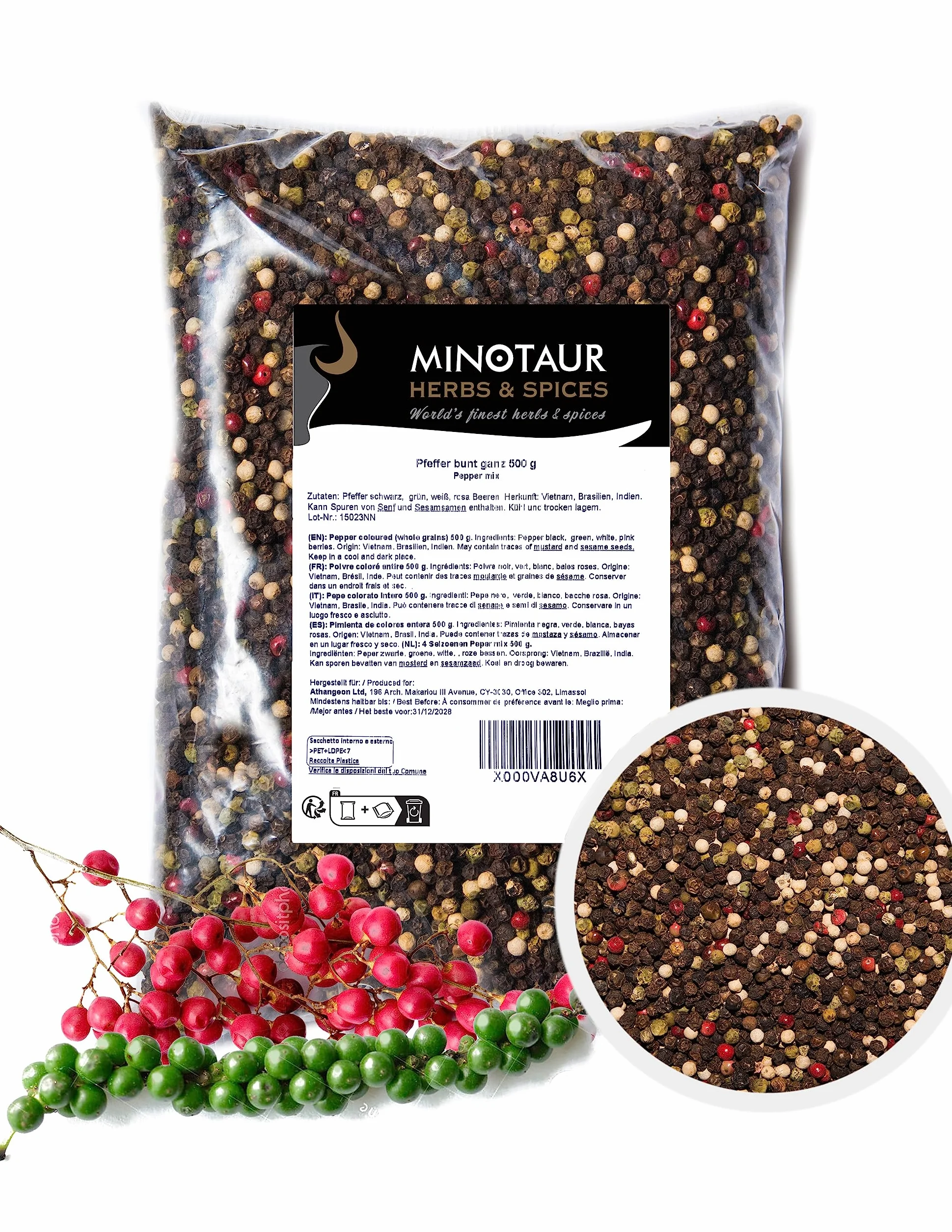 Minotaur Spices | Poivre coloré entier | 2 x 500 g (1 kg) | Poivre à 4 baies mélange de grains noirs, blancs, verts et roses