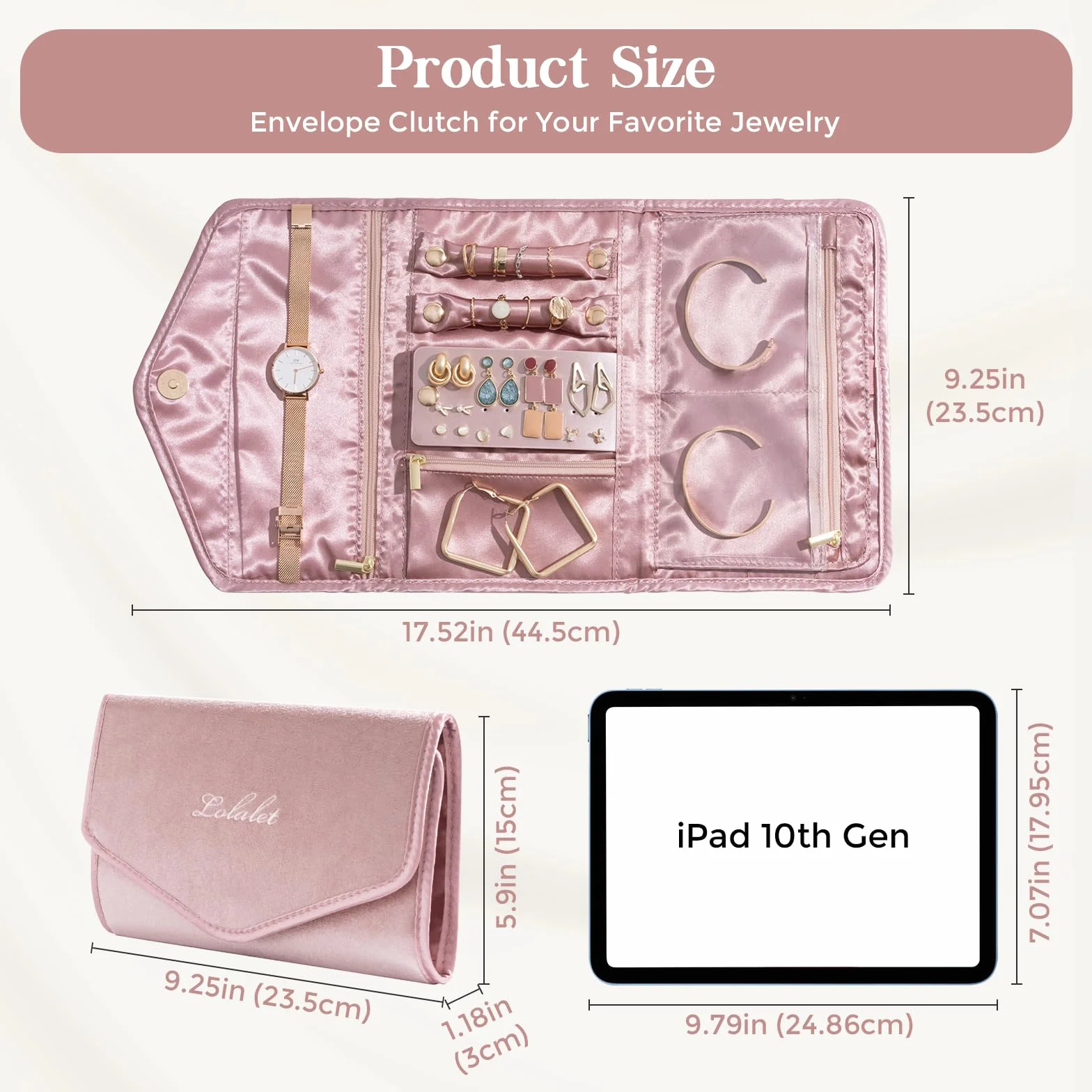 Lolalet Trousse Bijoux Voyage Pliable Rouleau Bijoux Velours avec Pochette de Rangement pour Colliers Boucles d'Oreilles Bagues Bracelets Rose