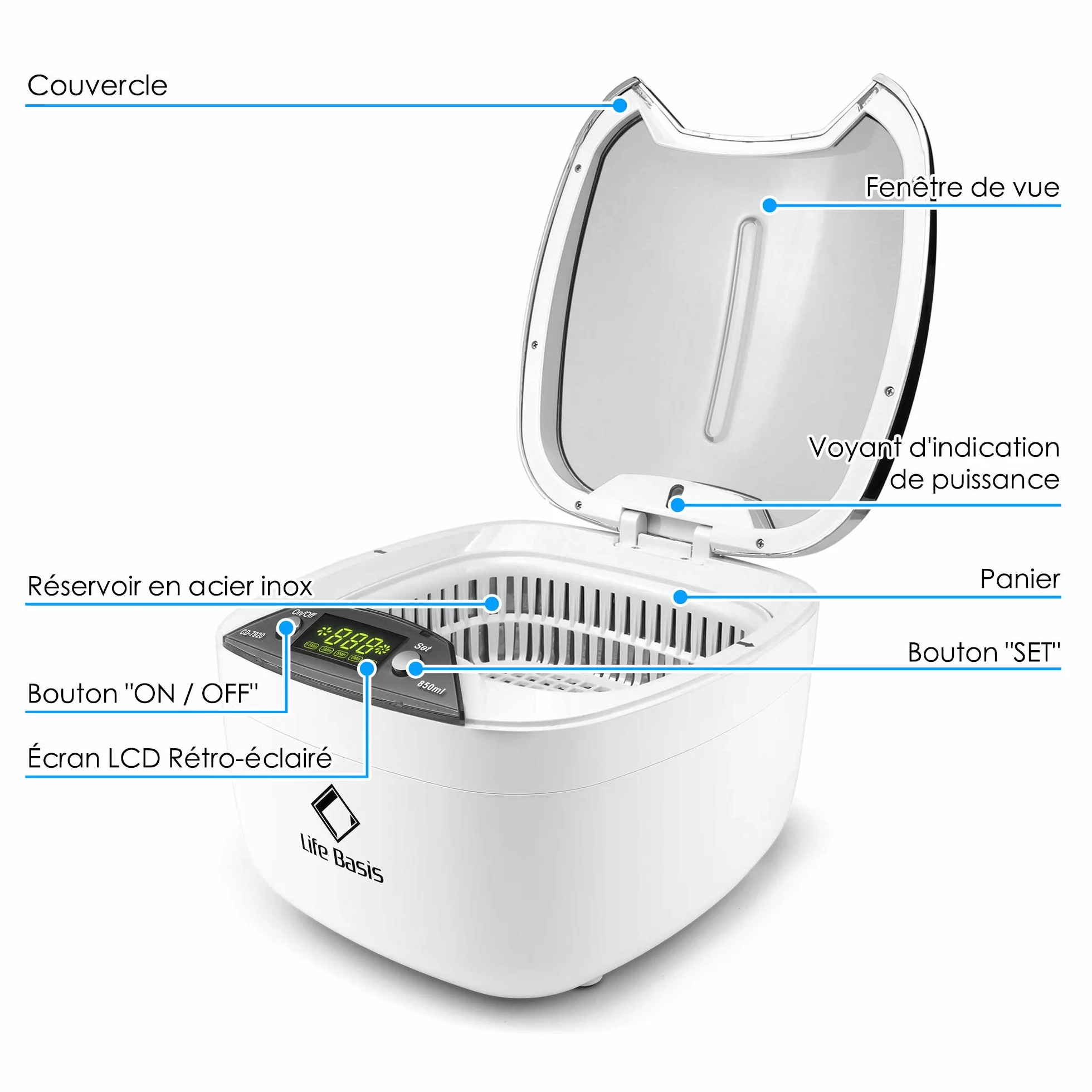 LifeBasis Nettoyeur Ultrasons 850ML 42kHz Professionnel, Bac Acier Inox, Écran LED, 5 Modes