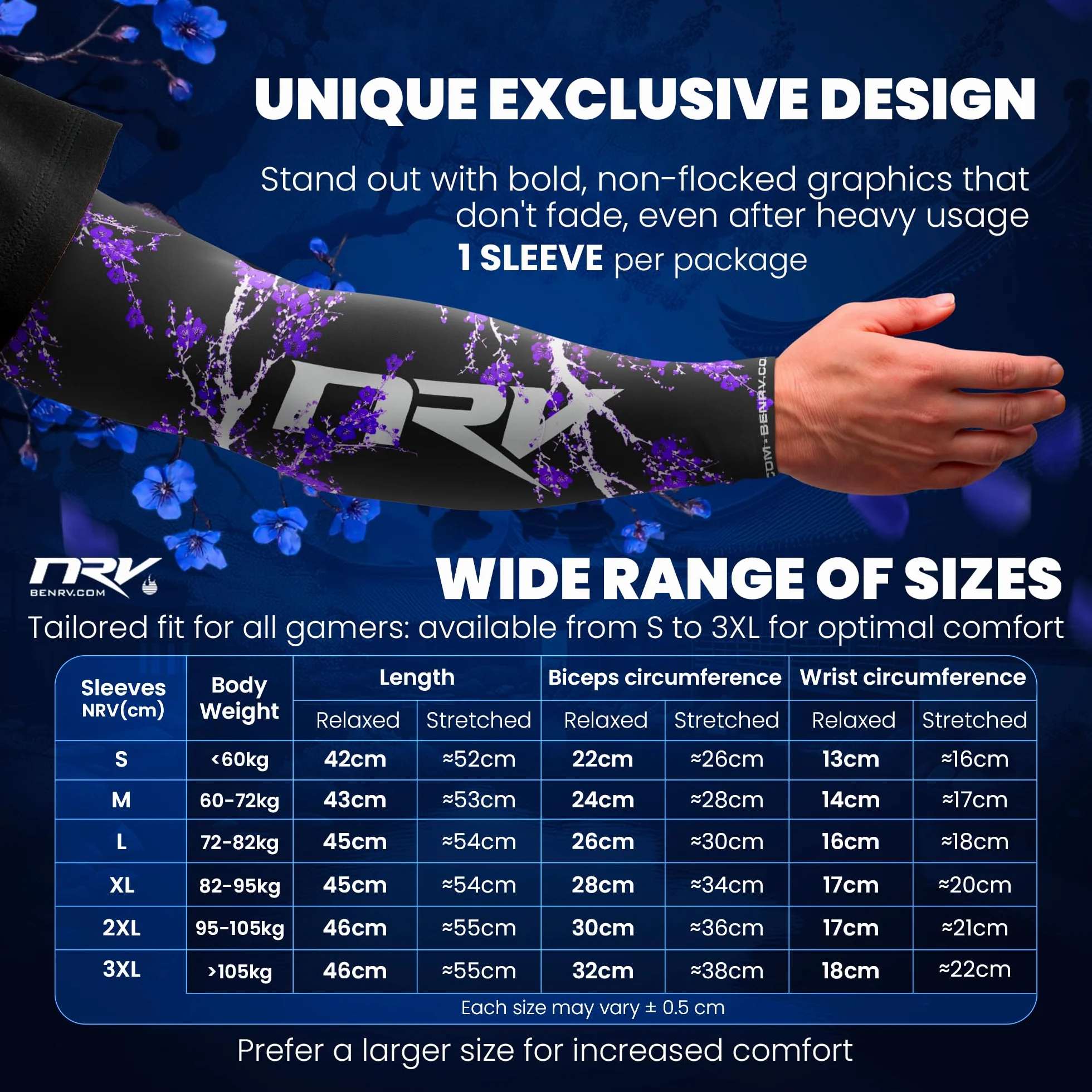 NRV Manchette Gaming eSport Dark Sakura – Compression Confort & Contrôle – Anti-Friction – Design Japonais Élégant – Noir & Violet – Taille S à 3XL