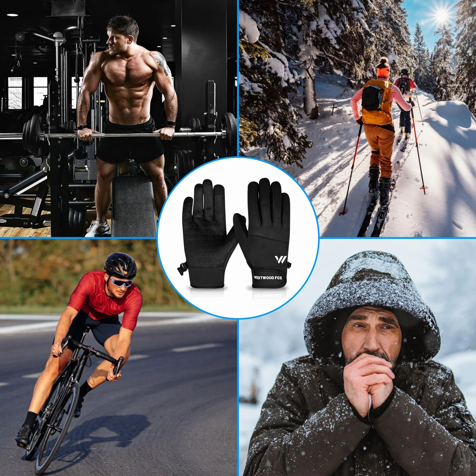 WESTWOOD FOX Gants d'hiver chauds coupe-vent imperméables homme femme écran tactile thermiques poignets élastiques course