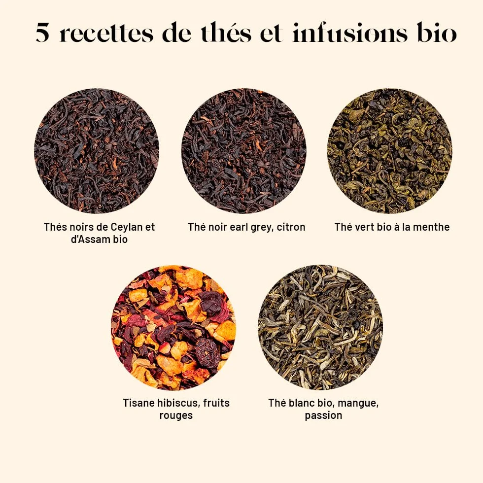 Kusmi Tea - Coffret "Les Essentiels" + Pince à Thé - Assortiment de Thés Bio - Idée Cadeau Homme et Femme - Thés Noirs, Thés Verts et Infusions - Fabriqué en France - 5 Boîtes de 25g
