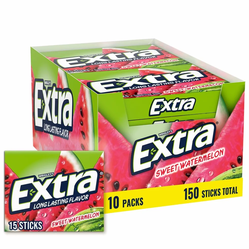 Extra Sugar Free Gum Sweet Watermelon 15 Stick Slim Pack Pack of 10