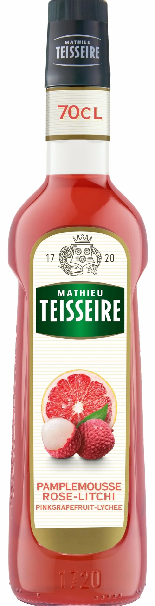 Sirop de Pamplemousse Rose - Litchi Mathieu Teisseire, pour boissons, cocktails avec ou sans alcool, boissons gazeuses, thés, bouteille de 70cl