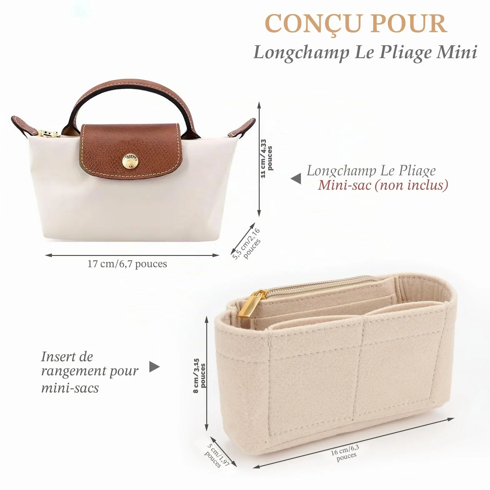 Organiseur de poches pour Longchamp Le Pliage Mini, en feutre, grande capacité