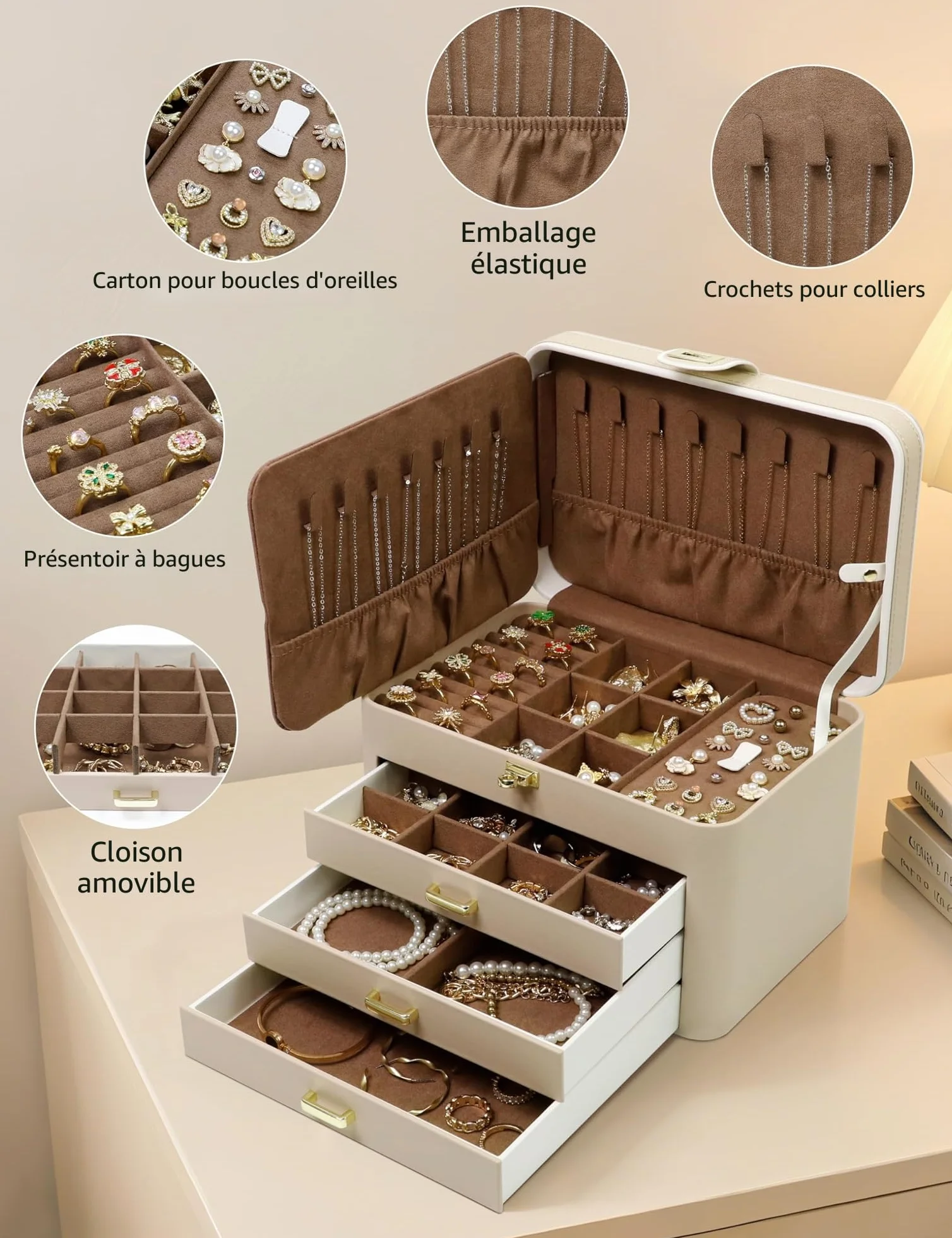 KAMIER Grande boîte à bijoux pour femme – Organiseur en cuir 4 niveaux avec serrure et miroir, beige
