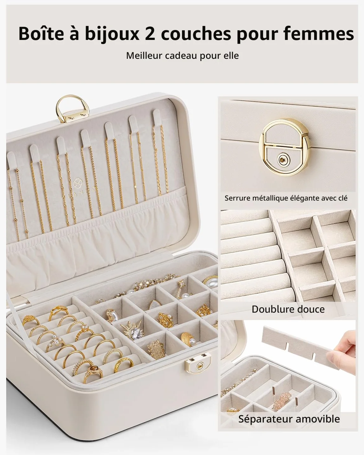 Vlando Boîte à bijoux verrouillable double couche jaune clair pour bagues boucles d'oreilles bracelets colliers