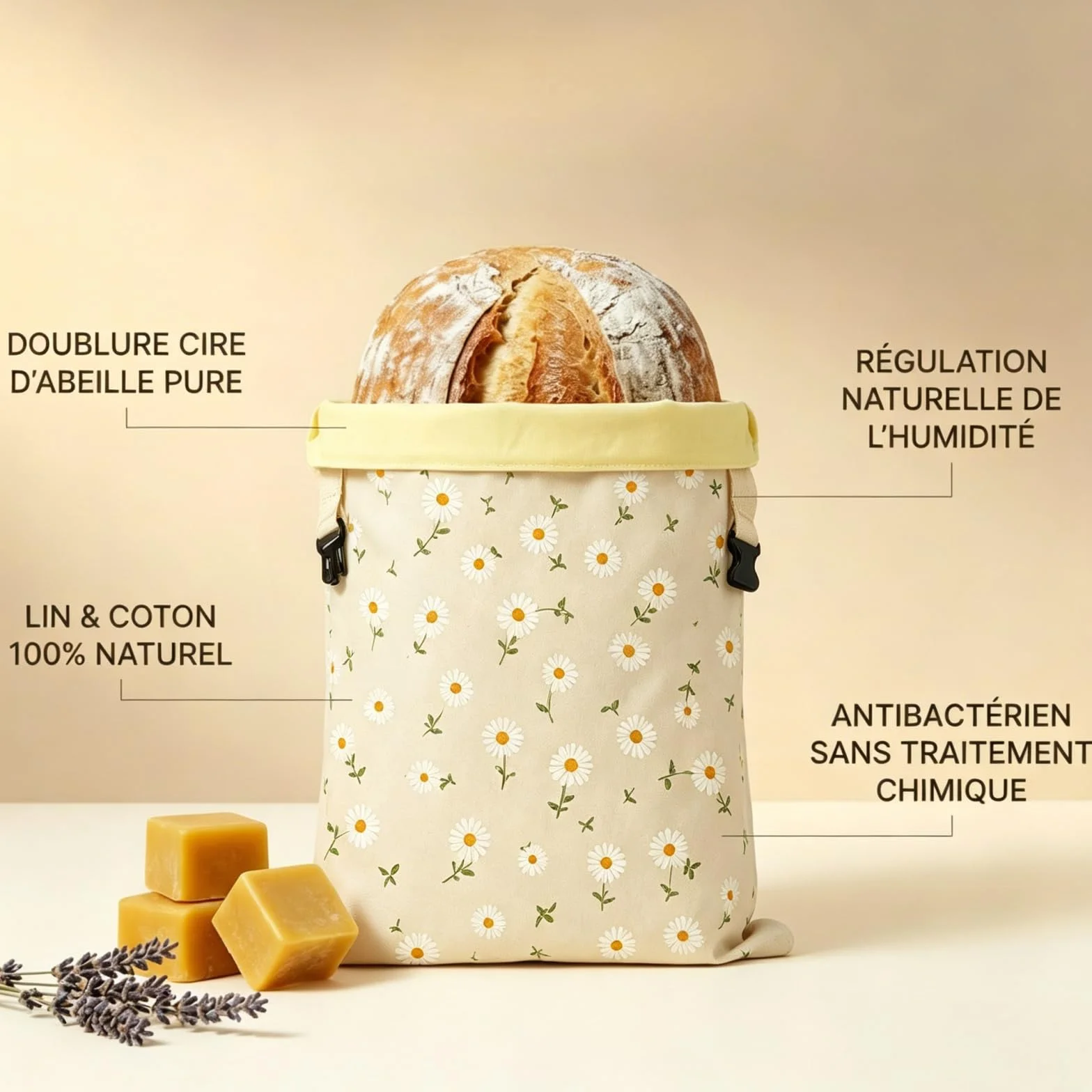La Maison de Louise Sac a Pain,Sac à Pain La Maison de Louise,Sac à Pain en Cire d'Abeille Réutilisable,Sac de Conservation en Coton Naturel 43×33cm,Réutilisation,Conservation Longue Durée
