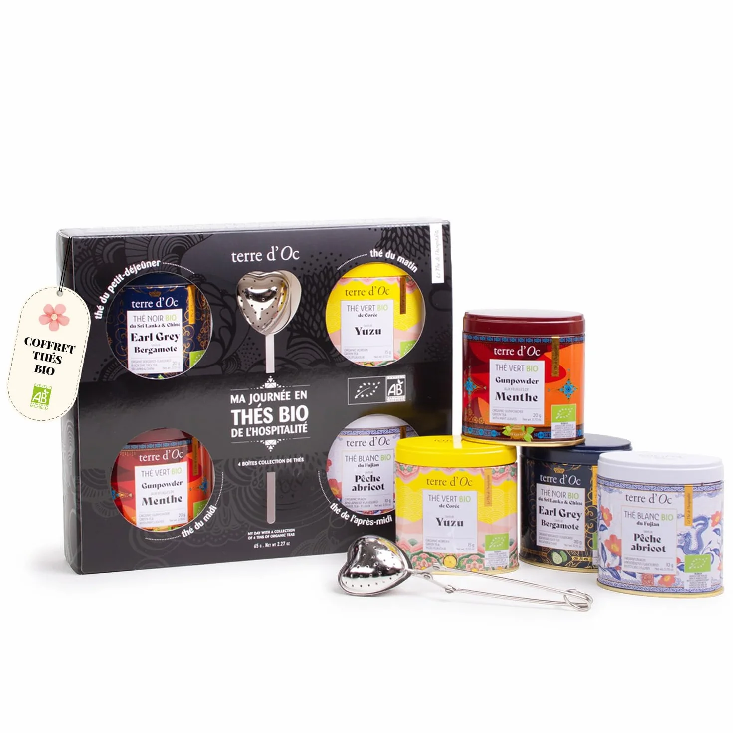 Terre d'Oc - Coffret 4 Thés Bio Ma Journée en Thé + 1 Cuillère Filtre à Thé - Thés Verts, Noirs & Blancs en Vrac - Idée Cadeau Homme et Femme - 65g