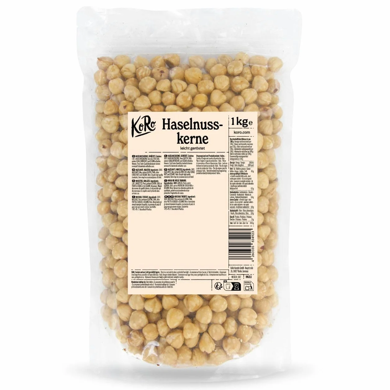 KoRo - Noisettes torréfiées 1 kg - Noisettes émondées et sans additifs ni conservateurs, parfaites pour la cuisine ou comme snack