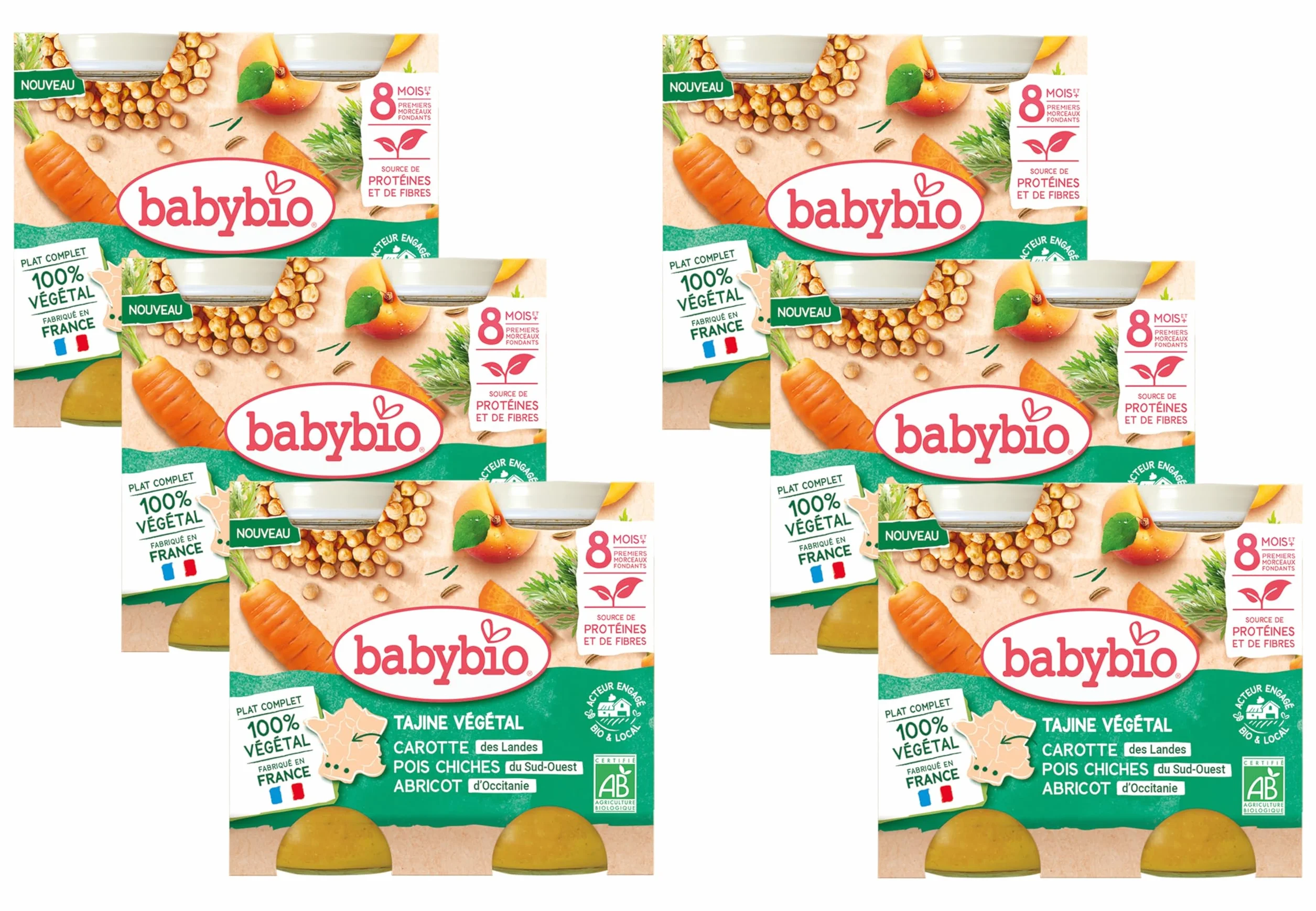 BABYBIO - Petits pots - Tajine de légumes - Petits légumes de nos régions Boulghour Abricots d'Occitanie - 8+ mois - 2 x 200g - BIO - Lot de 6