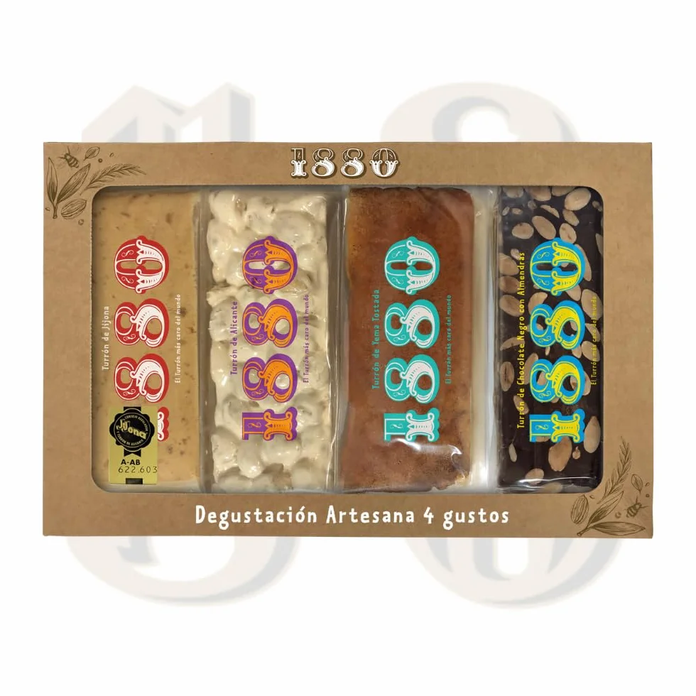 1880 - Assortiment Tourons Artisanaux 4 saveurs, Touron de Jijona, Touron d'Alicante, Touron de Jaune d'Oeuf Caramélisé, Touron au chocolat, 4 x 75g, Pack de 300g