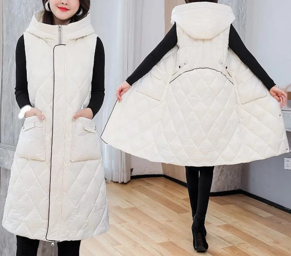 Doudoune Femme sans Manches Blanche À Capuche Gilet Matelassé Long Chaud