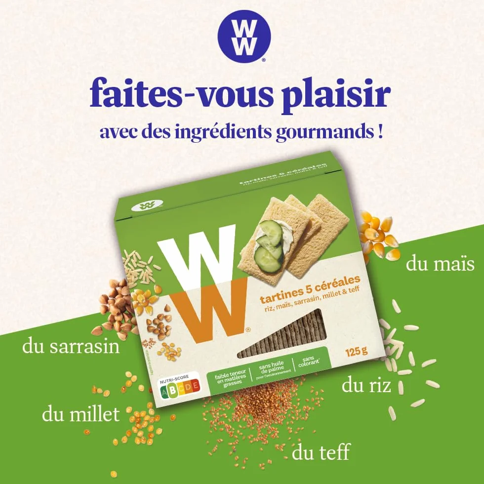 WW Tartines 5 Céréales, Faible teneur en matières grasses, Sans huile de Palme, 1 boîte, 125g, 220283