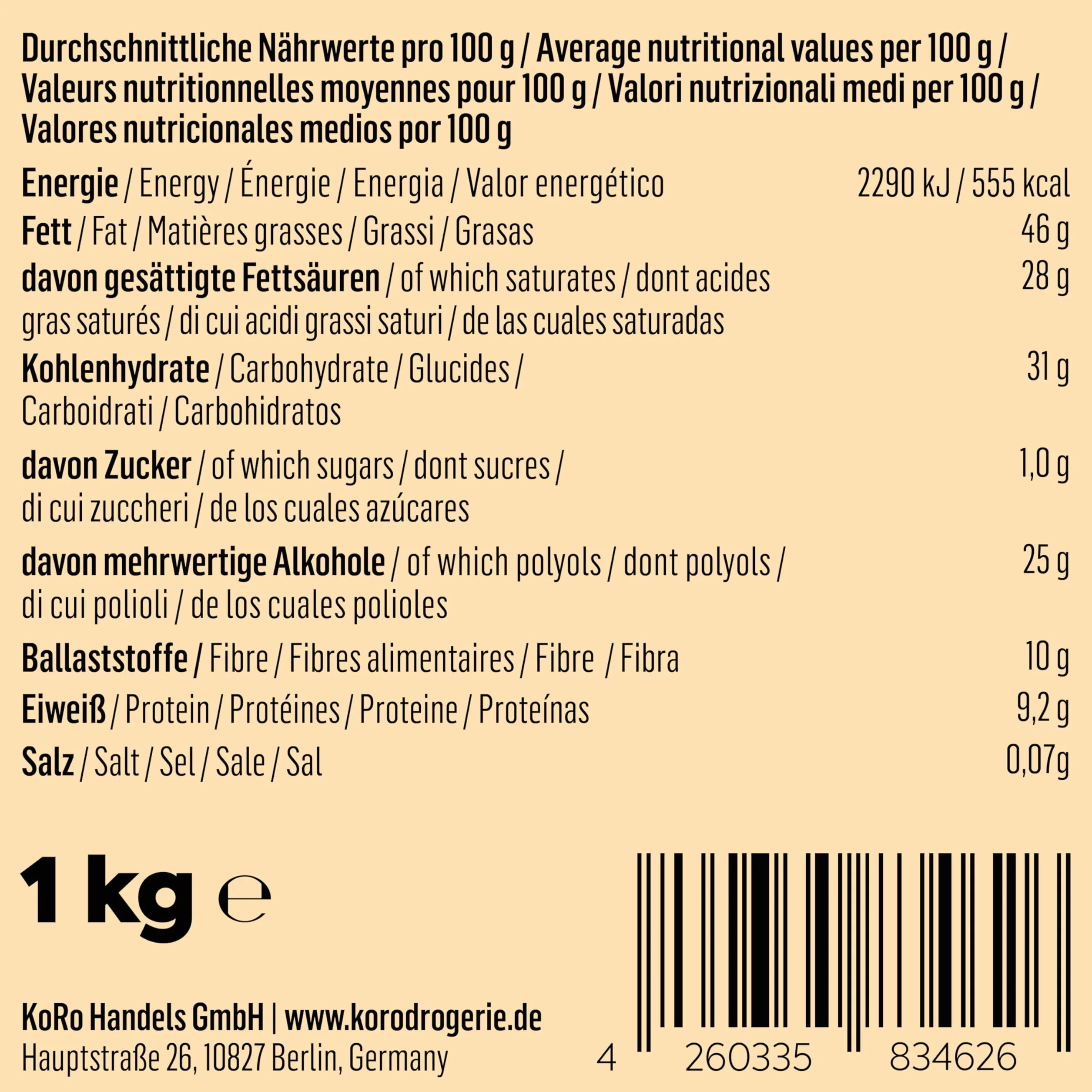 KoRo - Pépites de chocolat noir sans sucre 1 kg - Chocolat de couverture, 72% de cacao