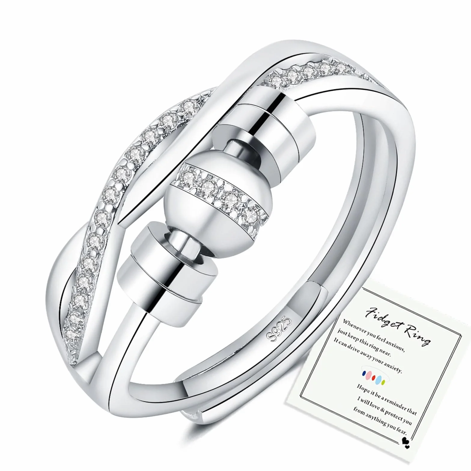 HEEYA Bague Anti Stress Femme Argent 925 Fidget Bague Anxiété Rotative Spinner Zircon Cubique