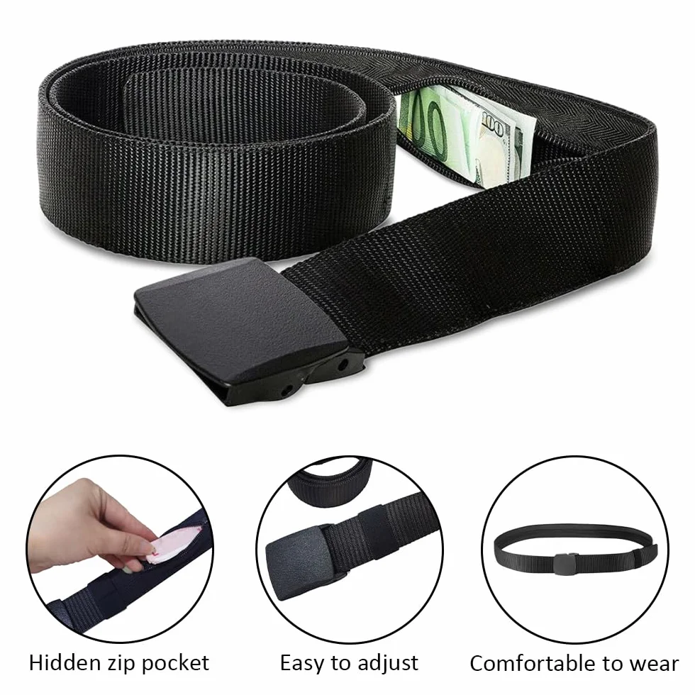 Ceinture de Voyage Porte-Monnaie Cachée Noir Nylon Réglable 120 x 3.8 cm