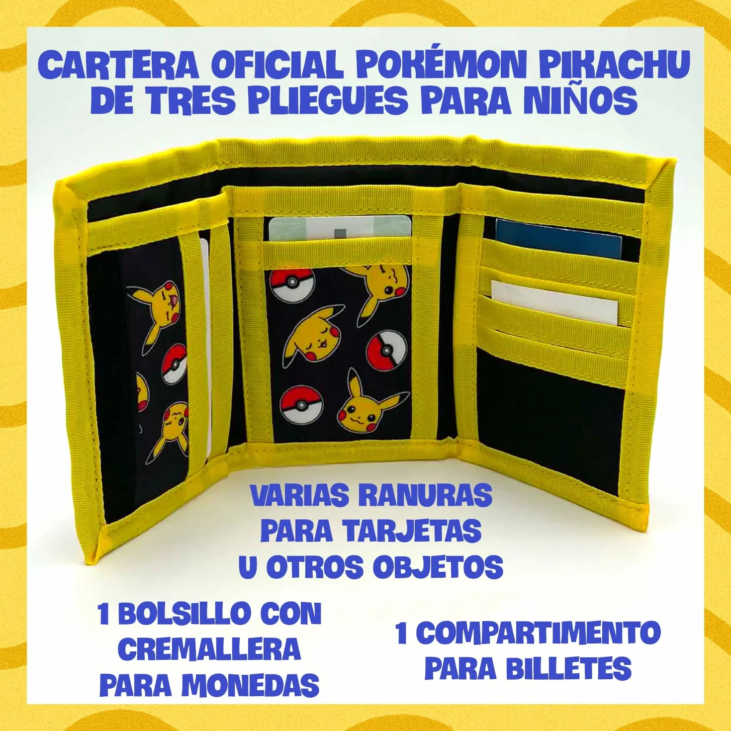 Pokémon Portefeuille Enfant Officiel Pikachu Tri-Fold Noir Jaune 3 Sections Poche Zippée Porte-Cartes 9 x 13 cm Cadeau