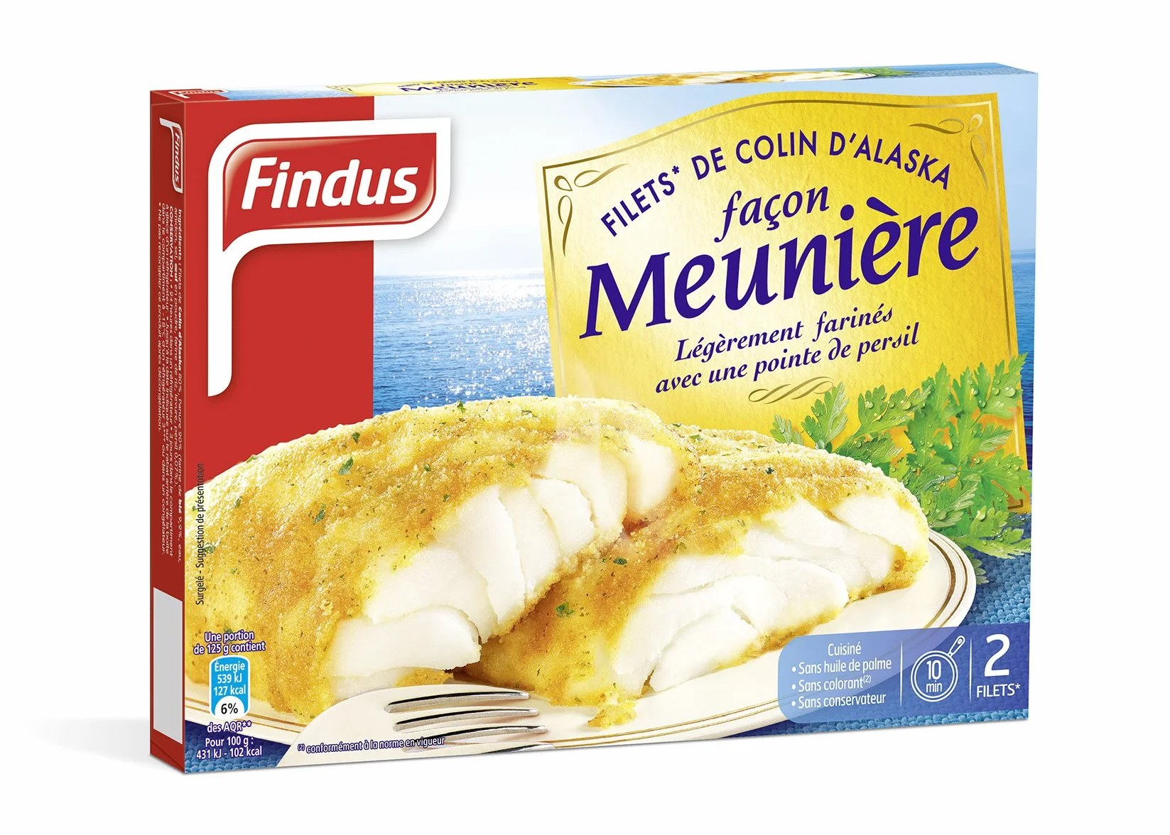 Findus Filets Colin d'Alaska Façon Meunière Pointe de Persil, La Boîte de 2 Filets, 250g (Surgelé)
