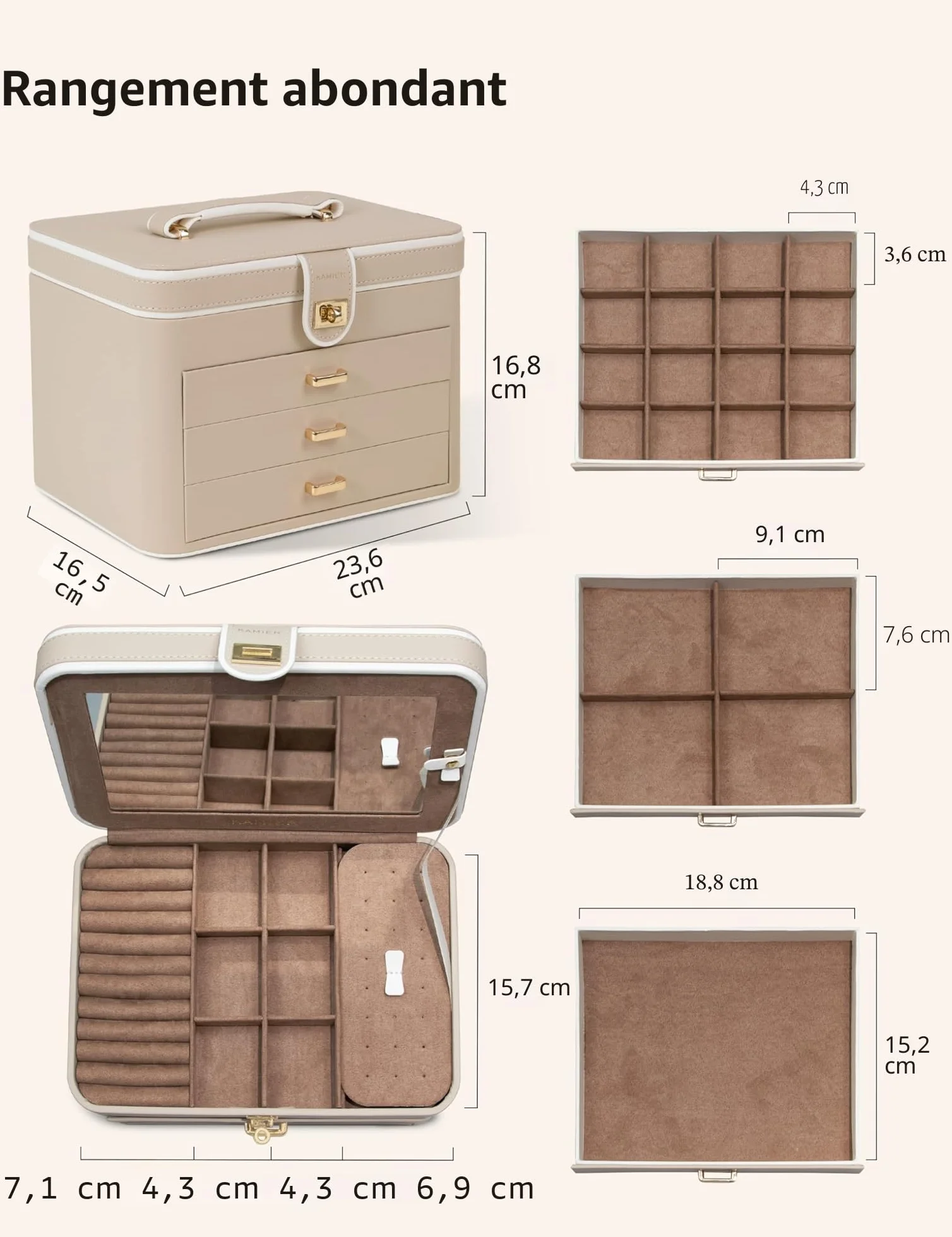 KAMIER Grande boîte à bijoux pour femme – Organiseur en cuir 4 niveaux avec serrure et miroir, beige