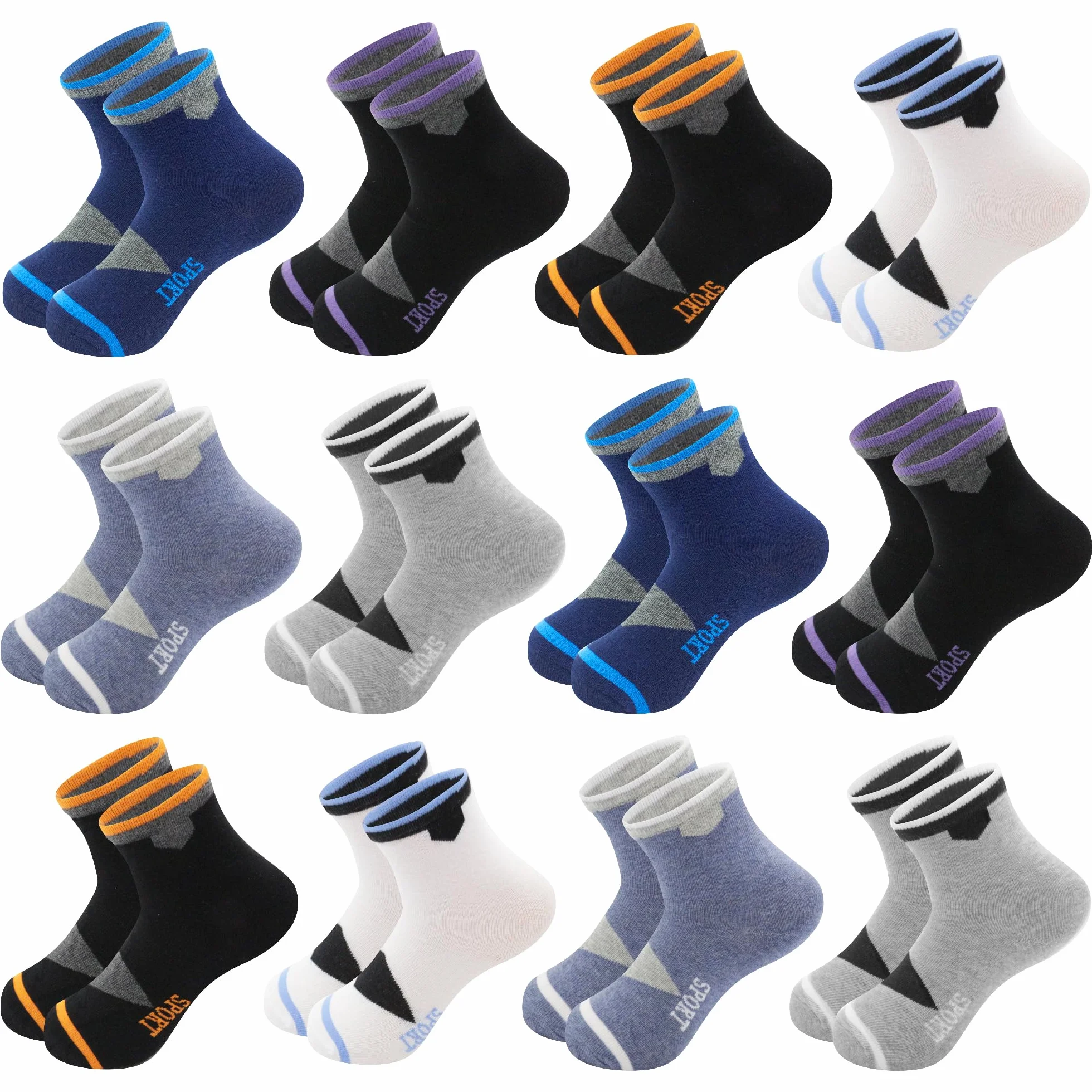Chaussettes Enfant Garçon Fille Coton Doux Respirantes Motifs Sport Unisex Foot Confortables Pack de 12