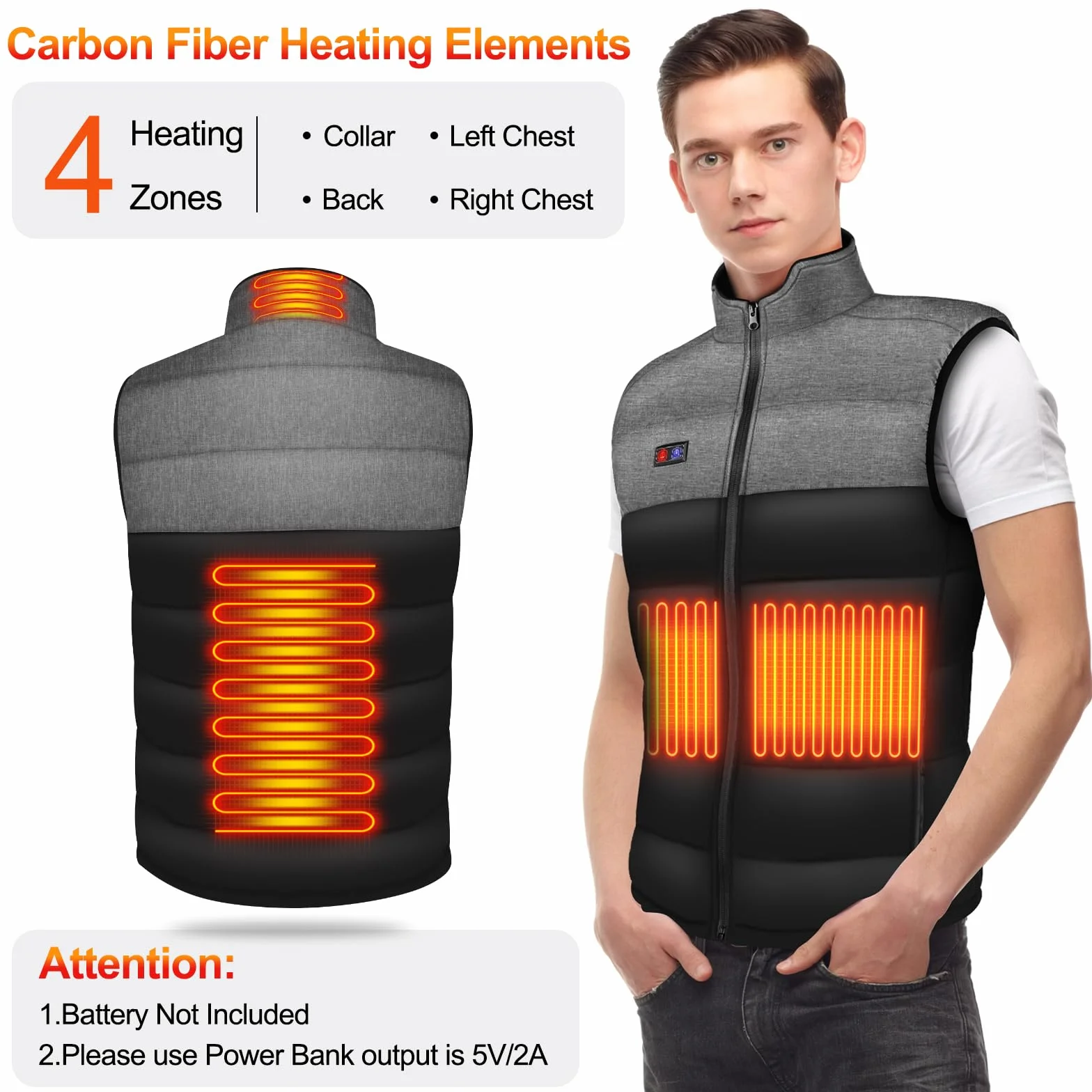 Tonfarb Gilet Chauffant Homme Veste Chauffante 4 Zones de Chauffage 3 Modes de Chauffe Lavable Chauds Gilet Thermique Homme Plein Air Pêche Ski