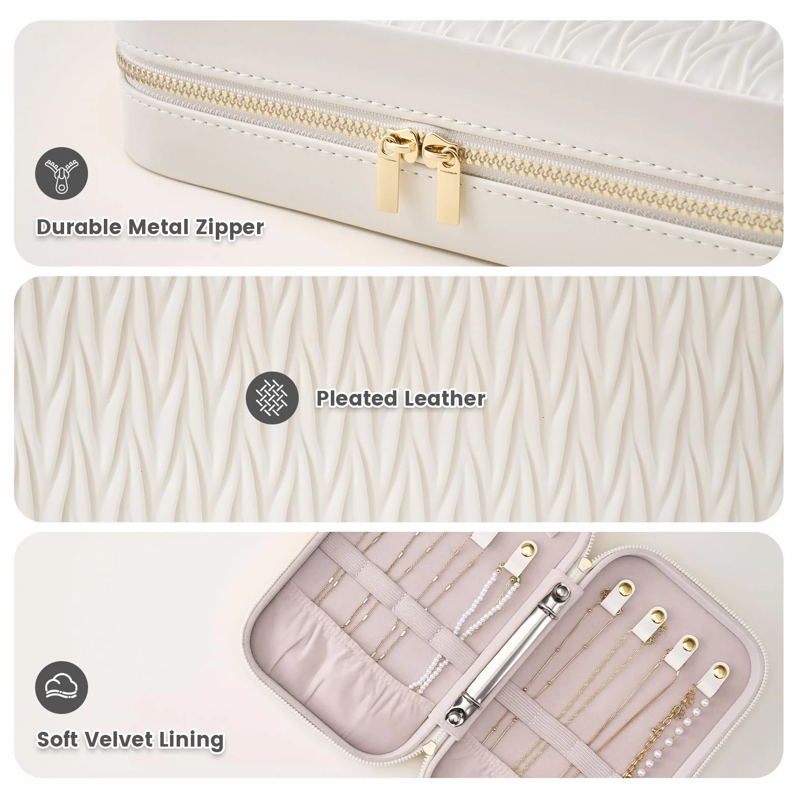 Trousse Bijoux Voyage Pochette Portable en PU Cuir pour Colliers Boucles d'Oreilles Bagues Blanc