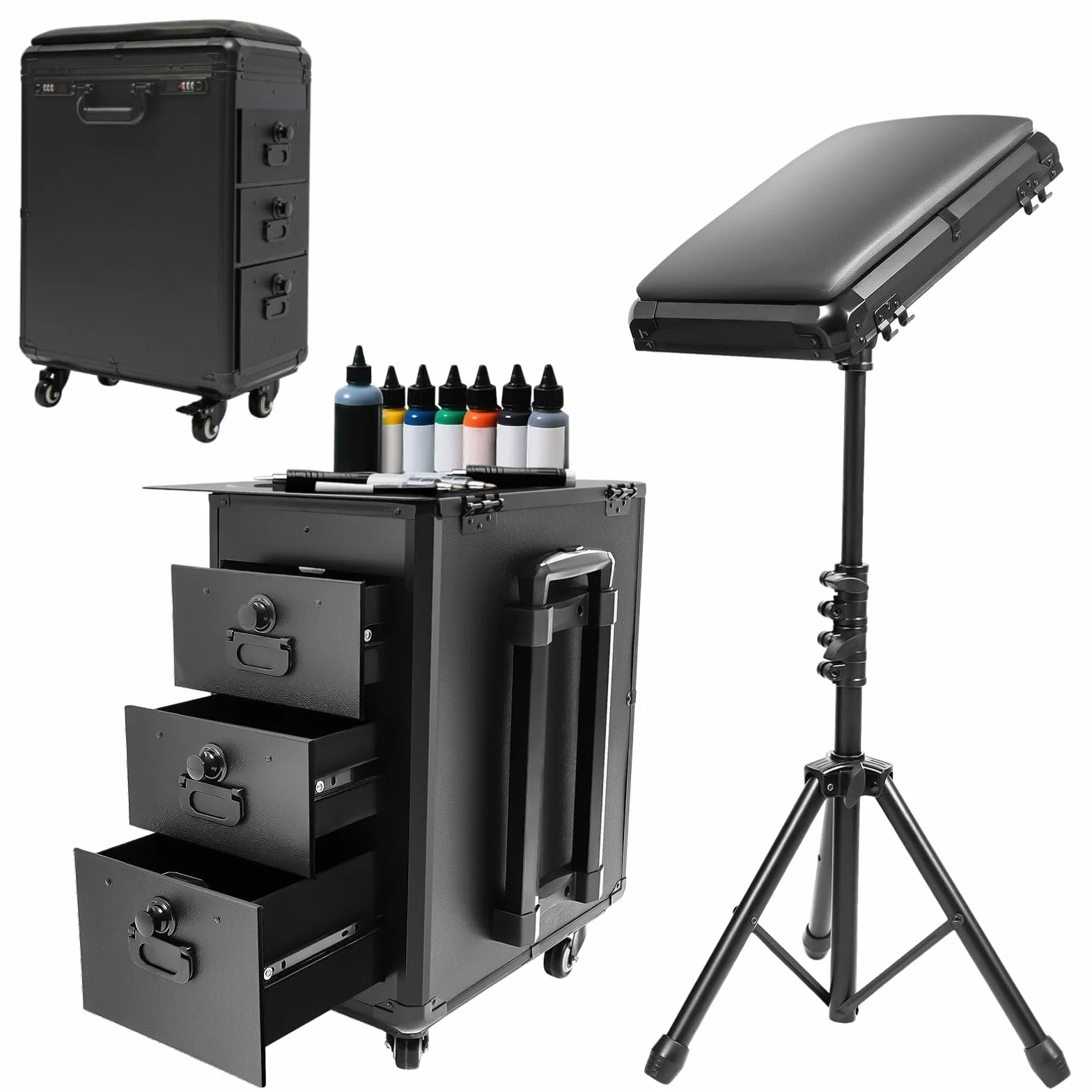 Mallette de maquillage trolley avec 3 tiroirs, serrure à combinaison et support pour accoudoirs