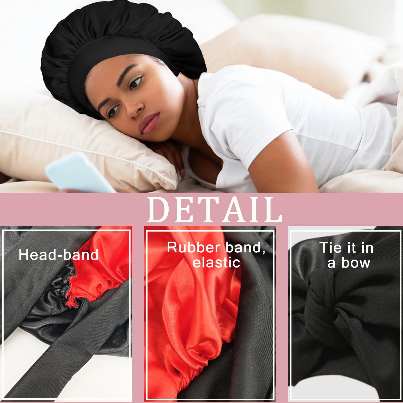 Bonnet en soie pour dormir avec chouchou - Bonnet de sommeil en satin de soie pour femme Rose M