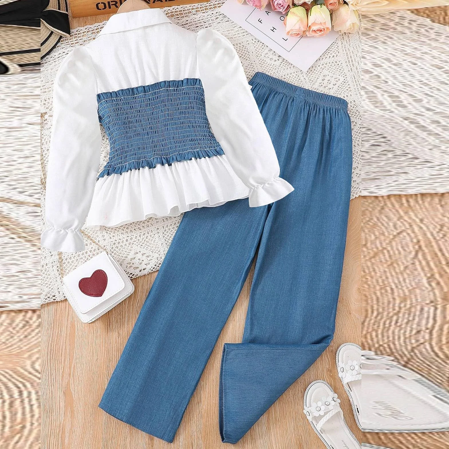 Survêtement pour enfant fille T-shirt en denim manches longues couleur unie jambes larges