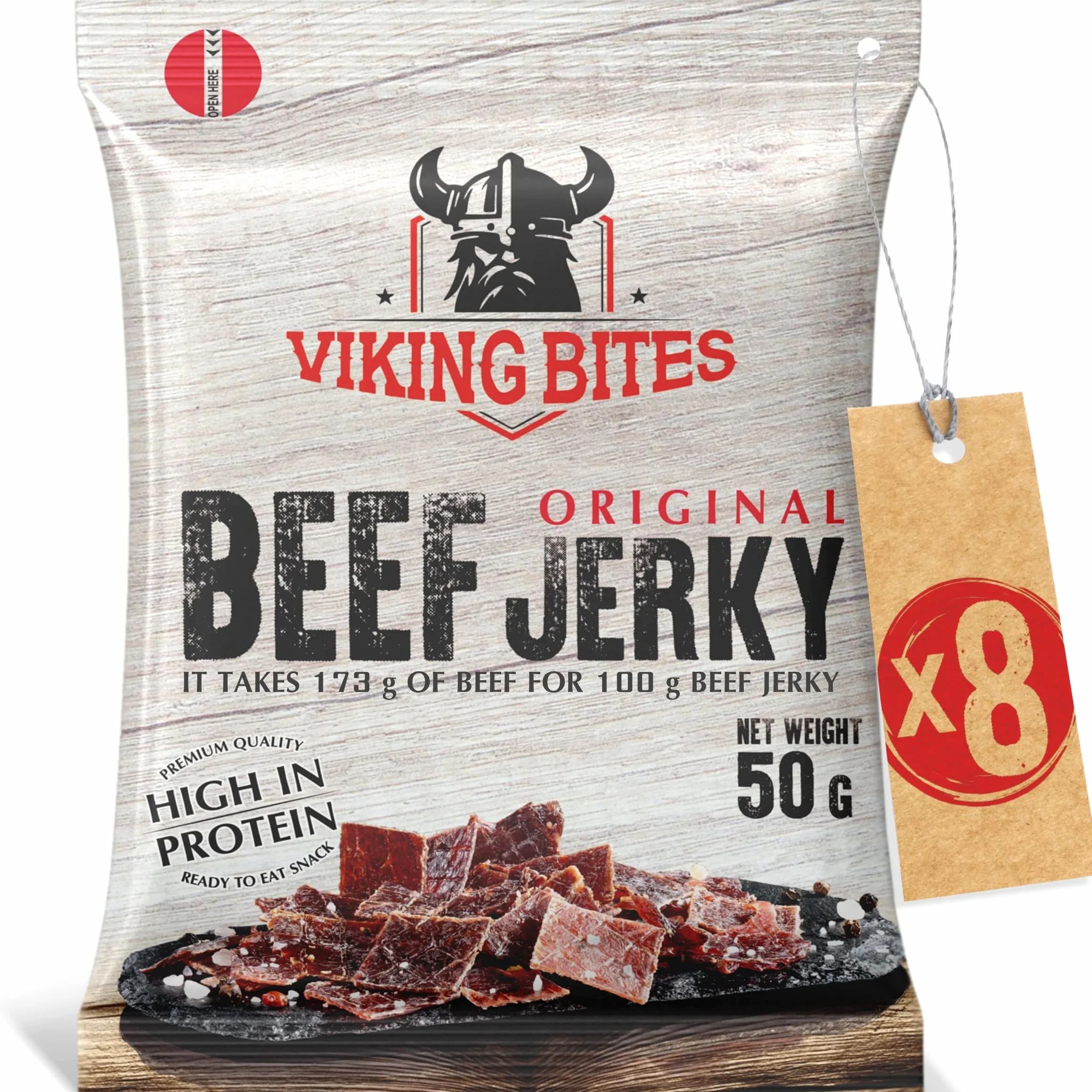 Viking Bites Beef Jerky Original 400g (8 x 50 g) - Bœuf séché - En-cas à base de viande riche en protéines