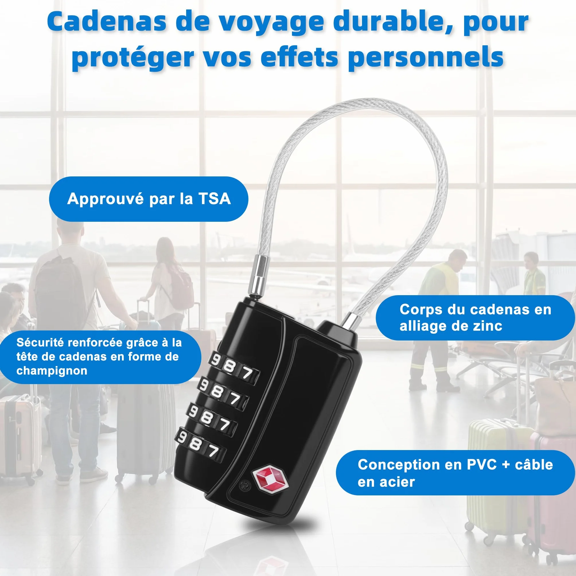 Diyife TSA008 Cadenas Code 4 Chiffres avec Alerte Rouge à l'Ouverture, Câble d'Acier 3 mm, Cadenas Valise pour Bagage Cabine, Casier & Camping