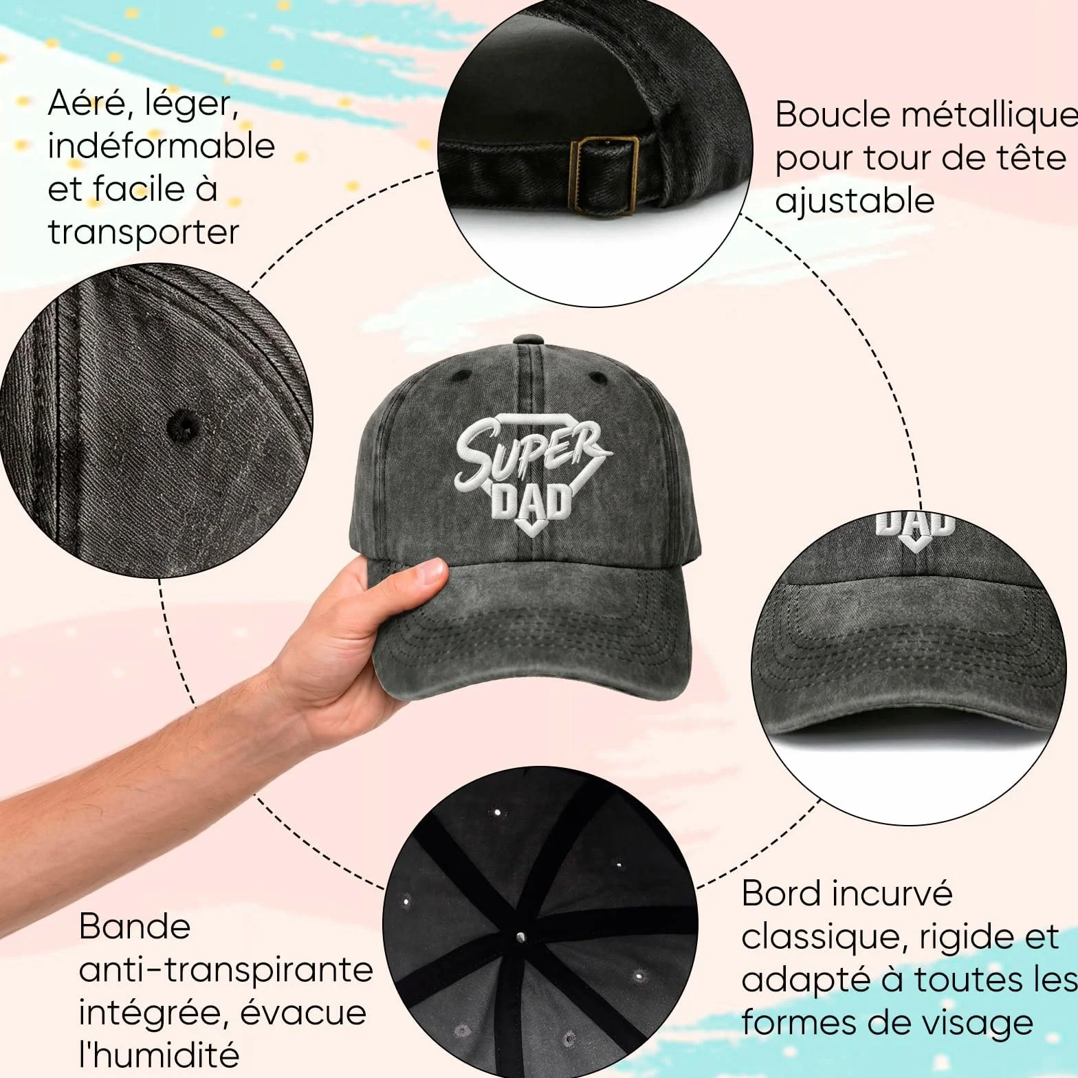 Casquette Brodée Super Dad Chapeau Baseball Réglable Homme Vintage Cadeau Fête des Pères