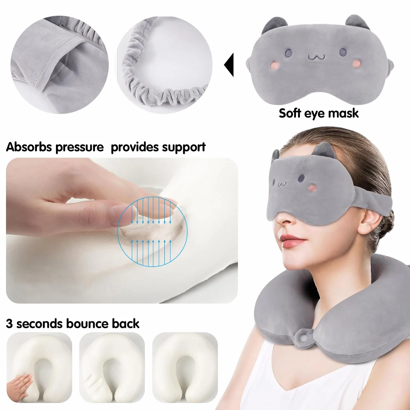 Oreiller de Voyage Enfant en Forme de U, Chat Gris, avec Masque pour les Yeux, Taie Amovible et Lavable